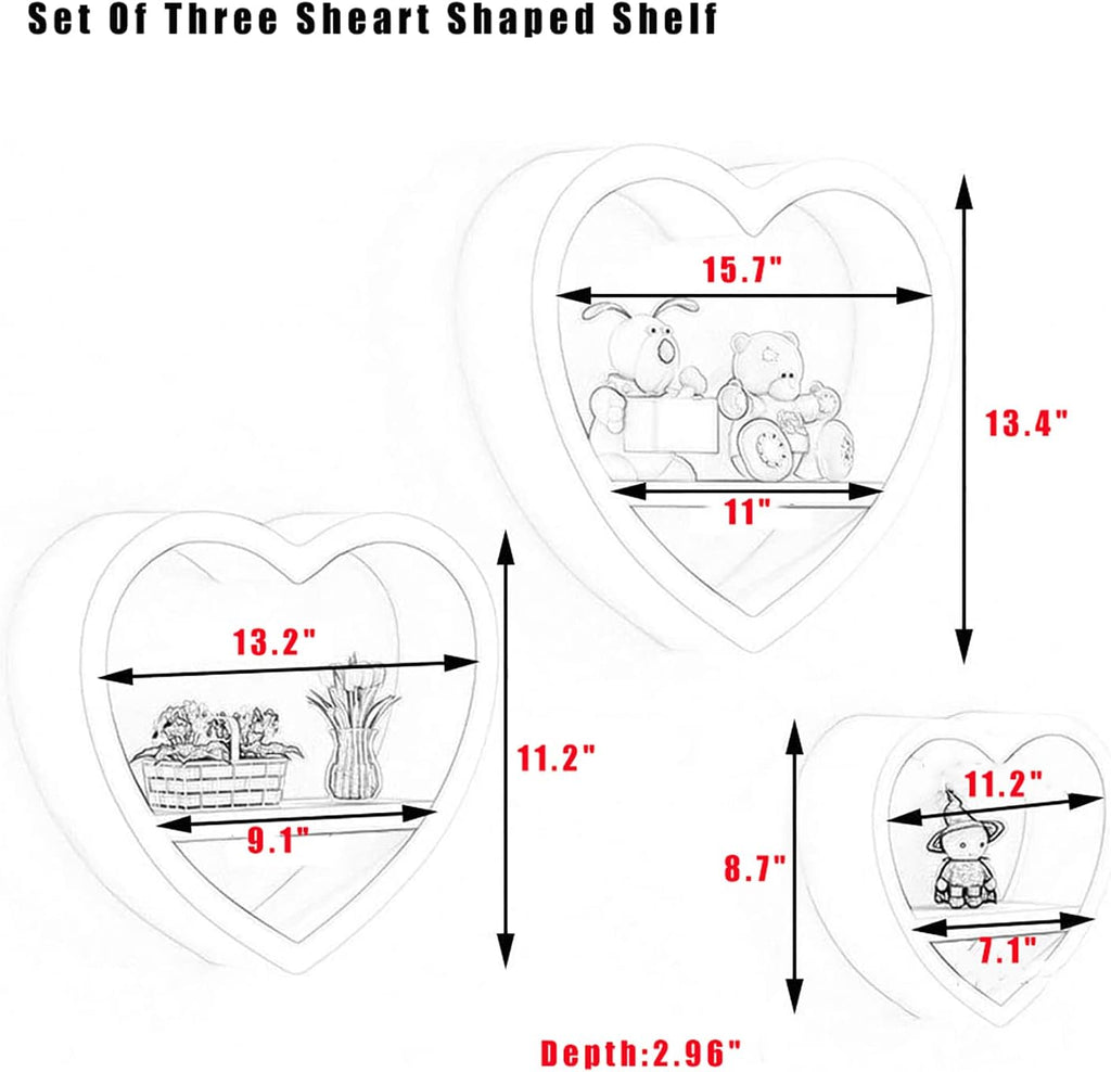 Set of 3 Heart-Shaped Floating Shelves â€?Kawaii Wood Wall Decor for Bedroom, Bathroom & Living Room