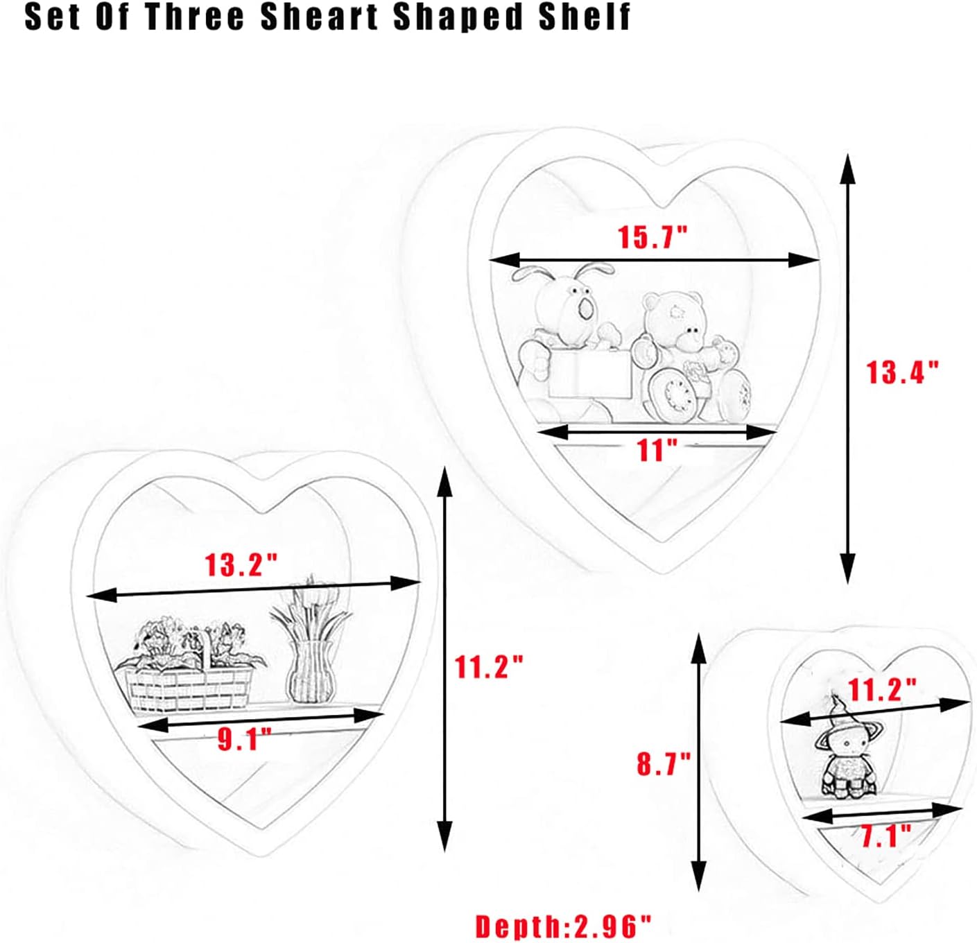 Set of 3 Heart-Shaped Floating Shelves â€?Kawaii Wood Wall Decor for Bedroom, Bathroom & Living Room