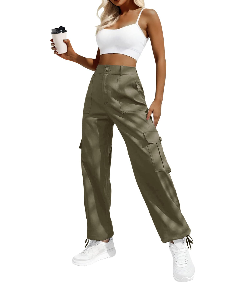 Women's High-Waisted Cargo Pants â€?Y2K Streetwear Baggy with 6 Pockets & Drawstring Cuffs