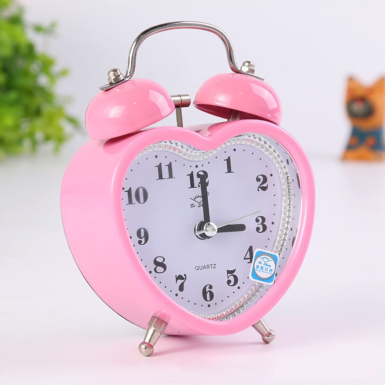 Cute Heart Shapes Twin Bell Loud Alarm Clock Silent Analog Quartz Nightlight Tableclock Battery Operated for Kids, Seniors, Heavy Sleepers, Decorations for Bedroom, Living Room 3 Inches