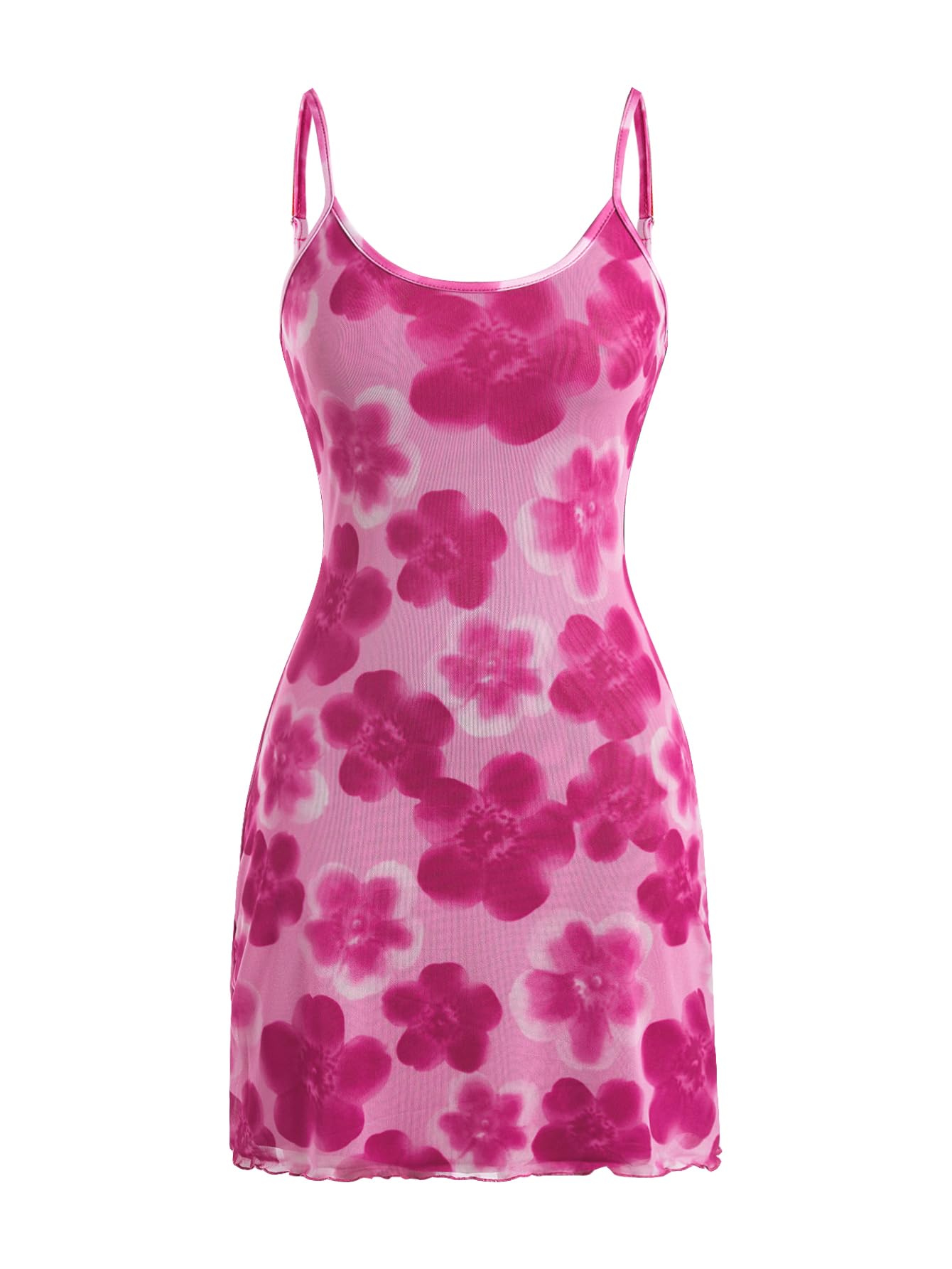 Women's Floral Mesh Mini Cami Dress Sleeveless Scoop Neck Lettuce Trim Bodycon Dress