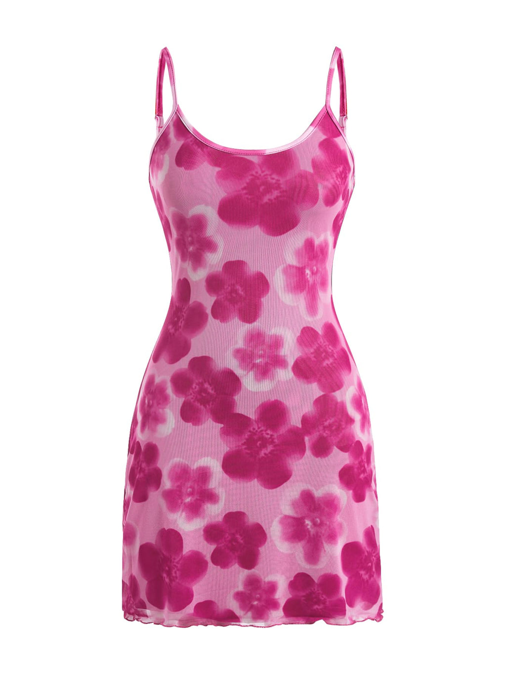 Women's Floral Mesh Mini Cami Dress Sleeveless Scoop Neck Lettuce Trim Bodycon Dress