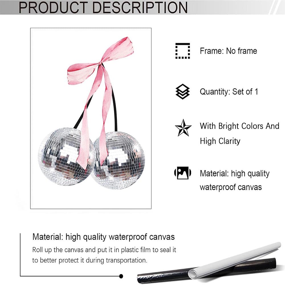 Trendy Pink Bow Disco Ball Posters White Cherry Canvas Wall Art Funky Coquette Bow Ribbon Preppy Aesthetic Prints Painting