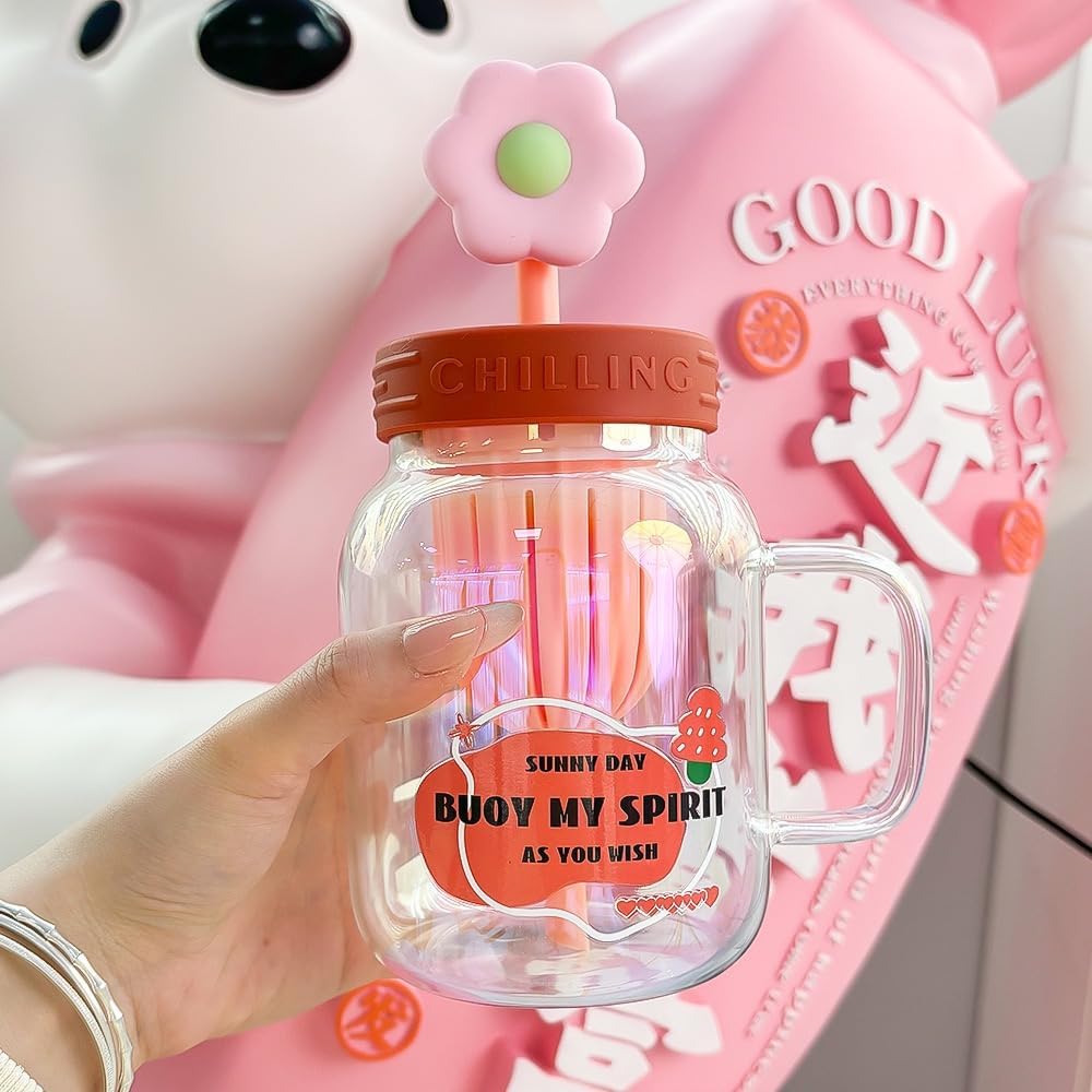 Cutecore Glass Mug with Flower Straw Lid and Handle 28.7oz | Floral Glass Cups Clear Mugs