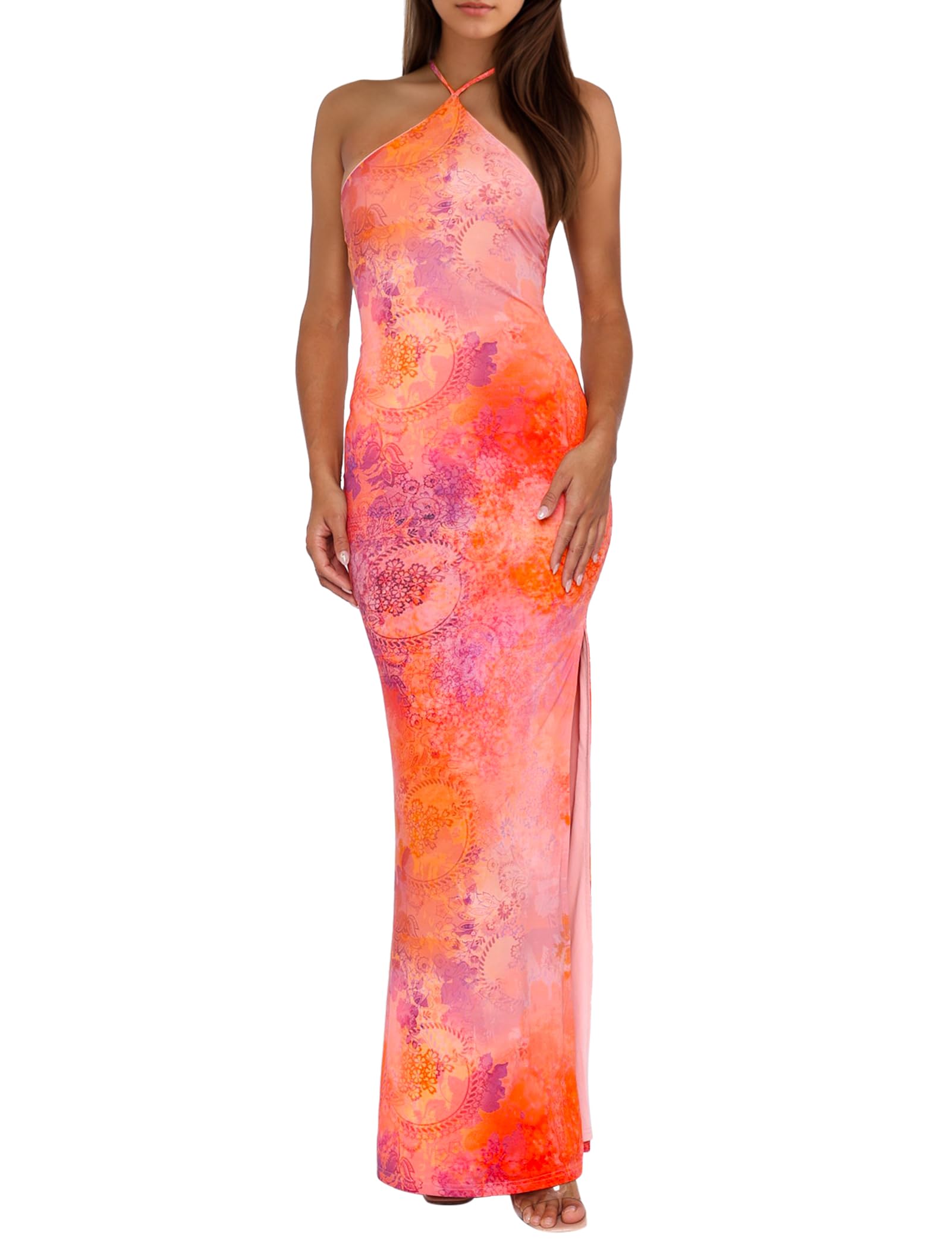 Women Sexy Backless Satin Maxi Dresses Spaghetti Strap Floral Print Dresses Slim Fit Elegant Long Dresses Night Party Outfits