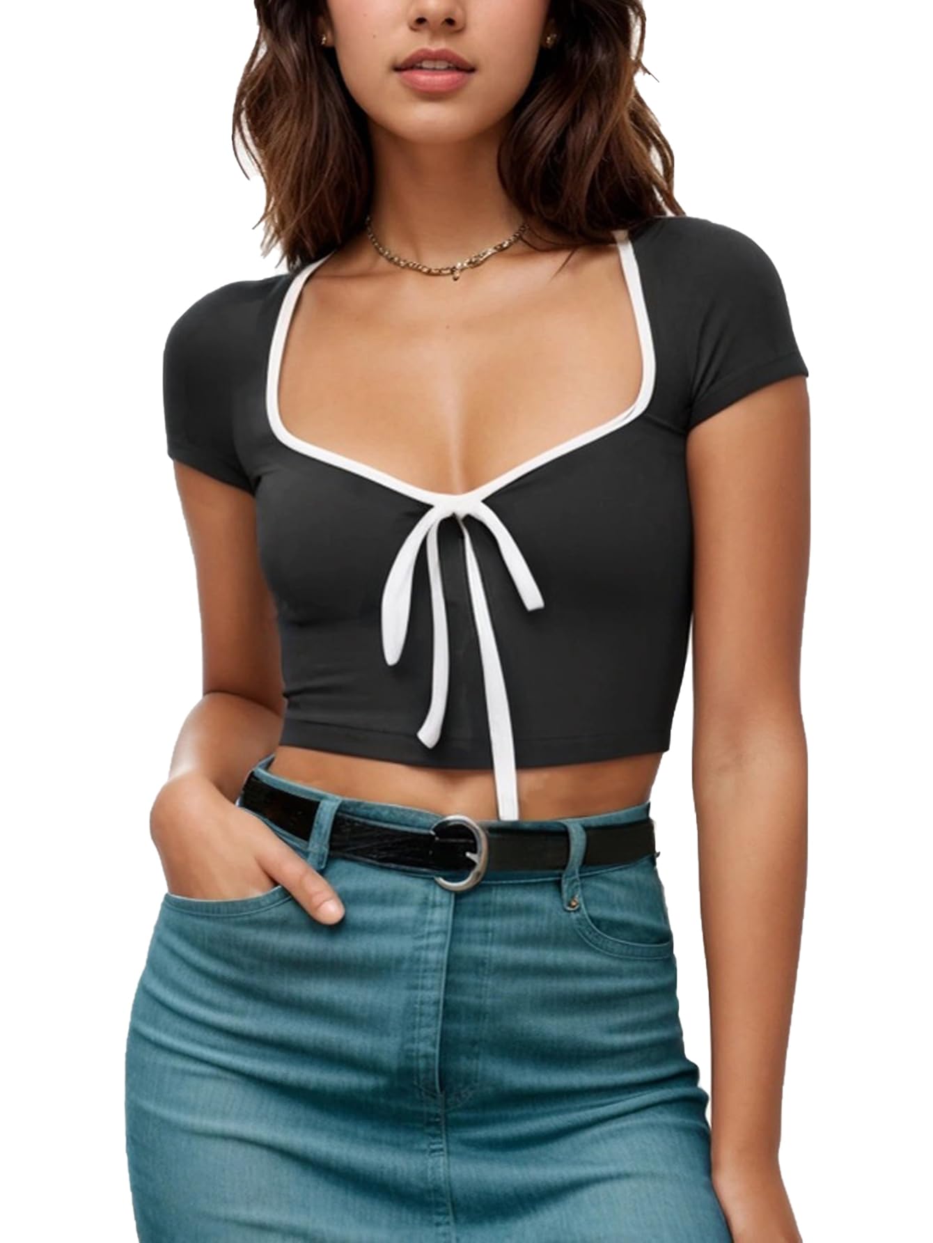 Womens Summer Short Sleeve Bow Square Neck Baby Tees Color Block Basic Crop Tops