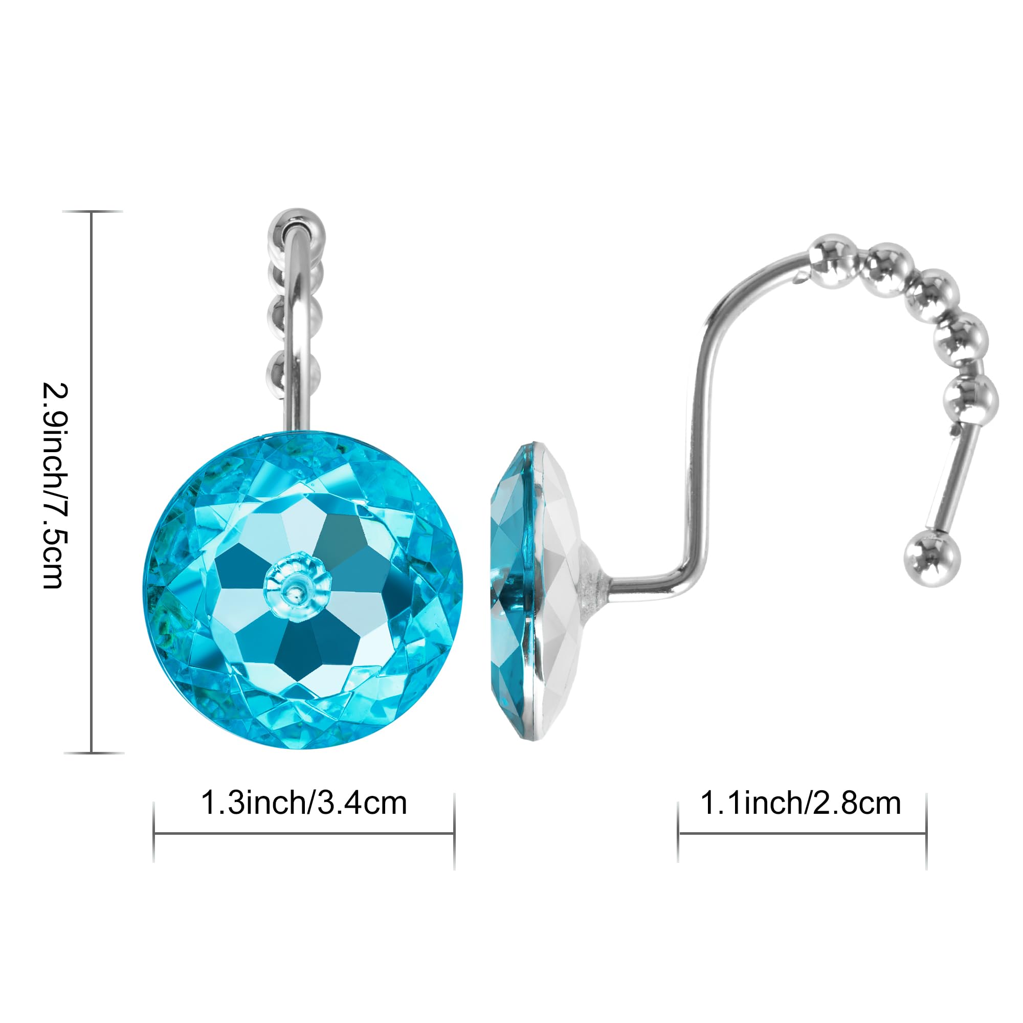 Luxury Design Round Diamond Crystal Gem Bling with Glide Balls Shower Curtain Hooks, Rust Proof Metal Rhinestones Glam Shower Curtain Rings-12 Pack
