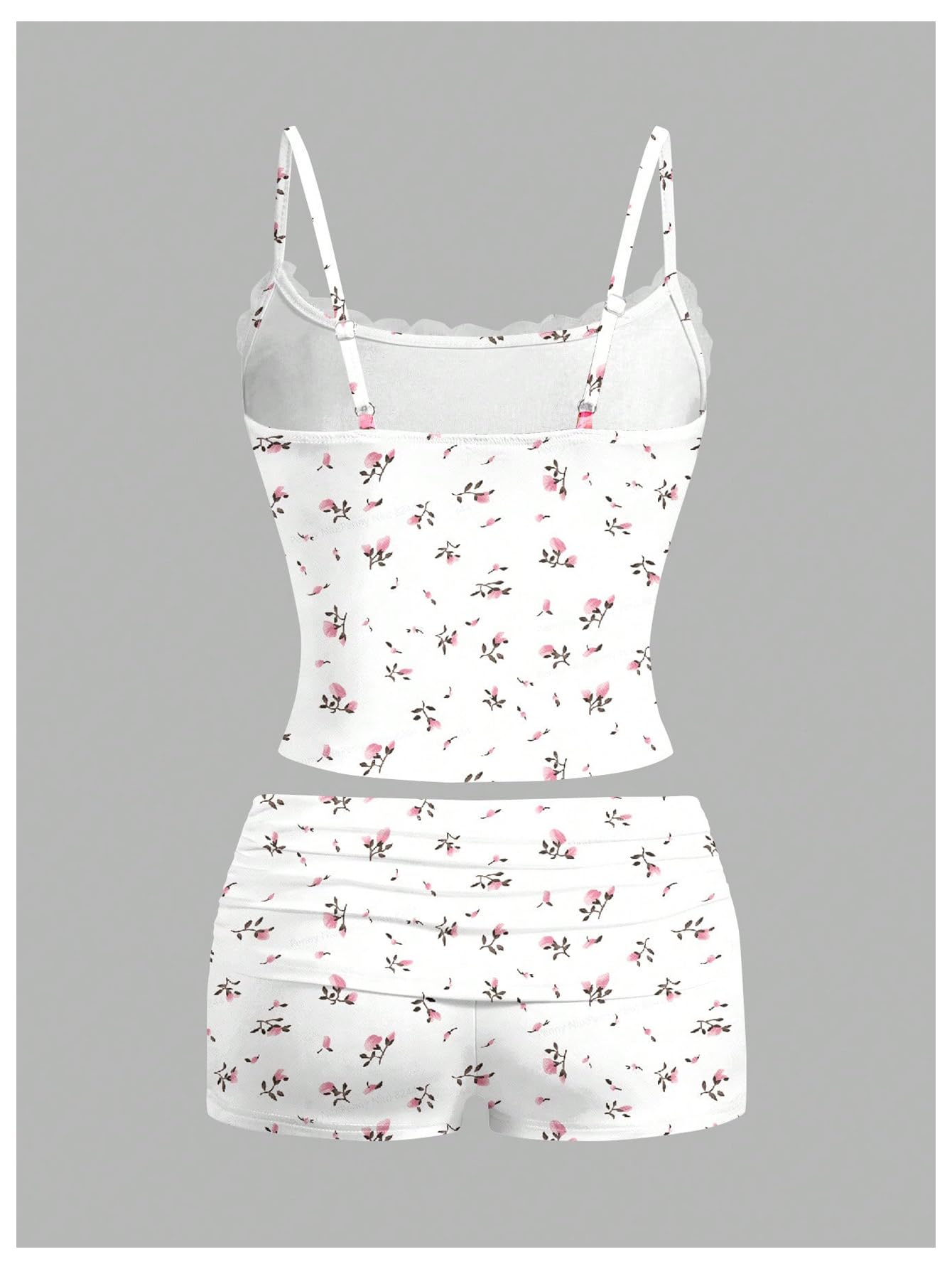 Women's 2 Piece Cute Pajama Set Cartoon Print Ruched Cami Crop Tops and Shorts Lounge Sets