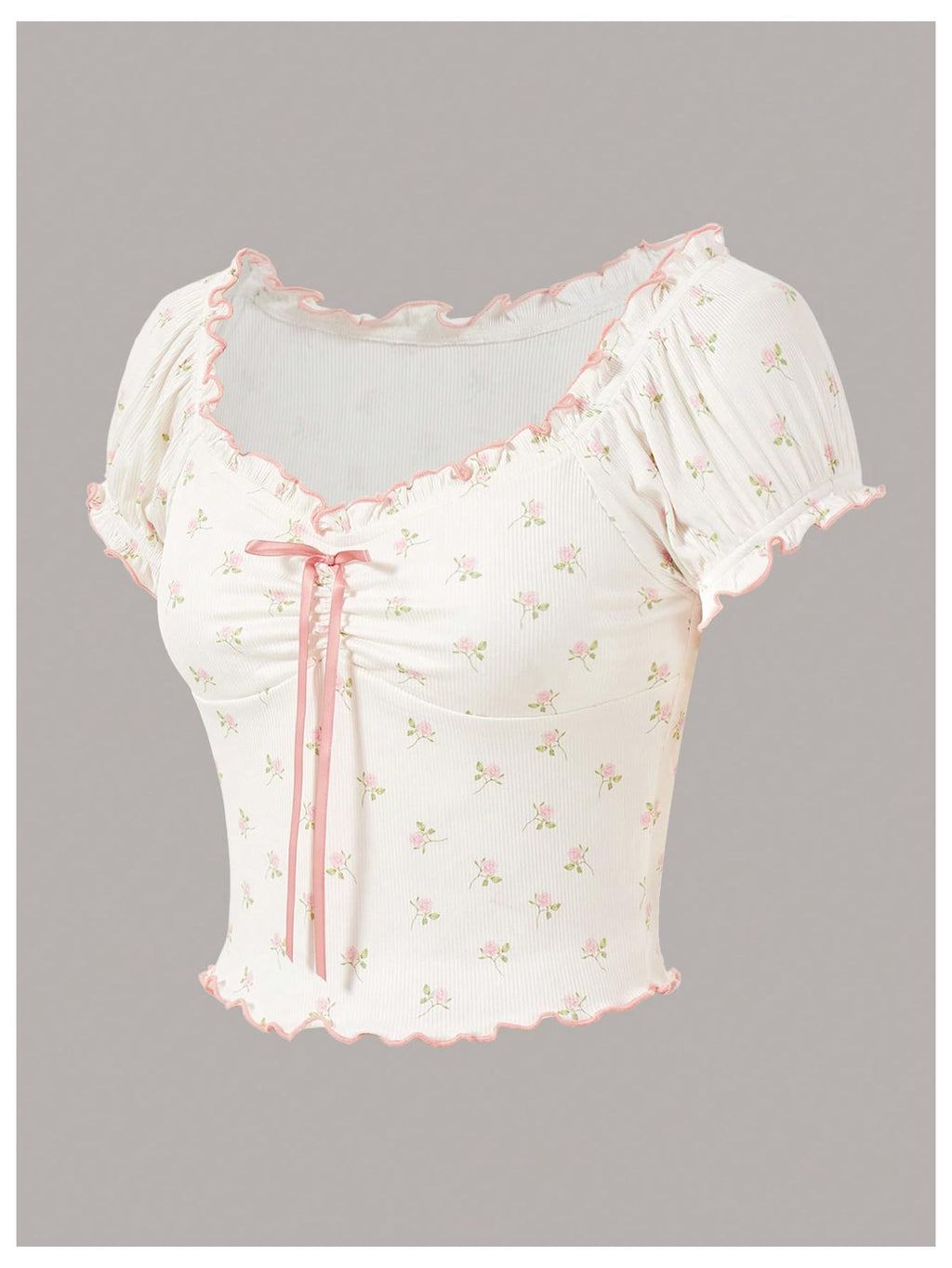 Women's Floral Puff Short Sleeve Sweetheart Neck Frilly Coquette Crop Top Tee