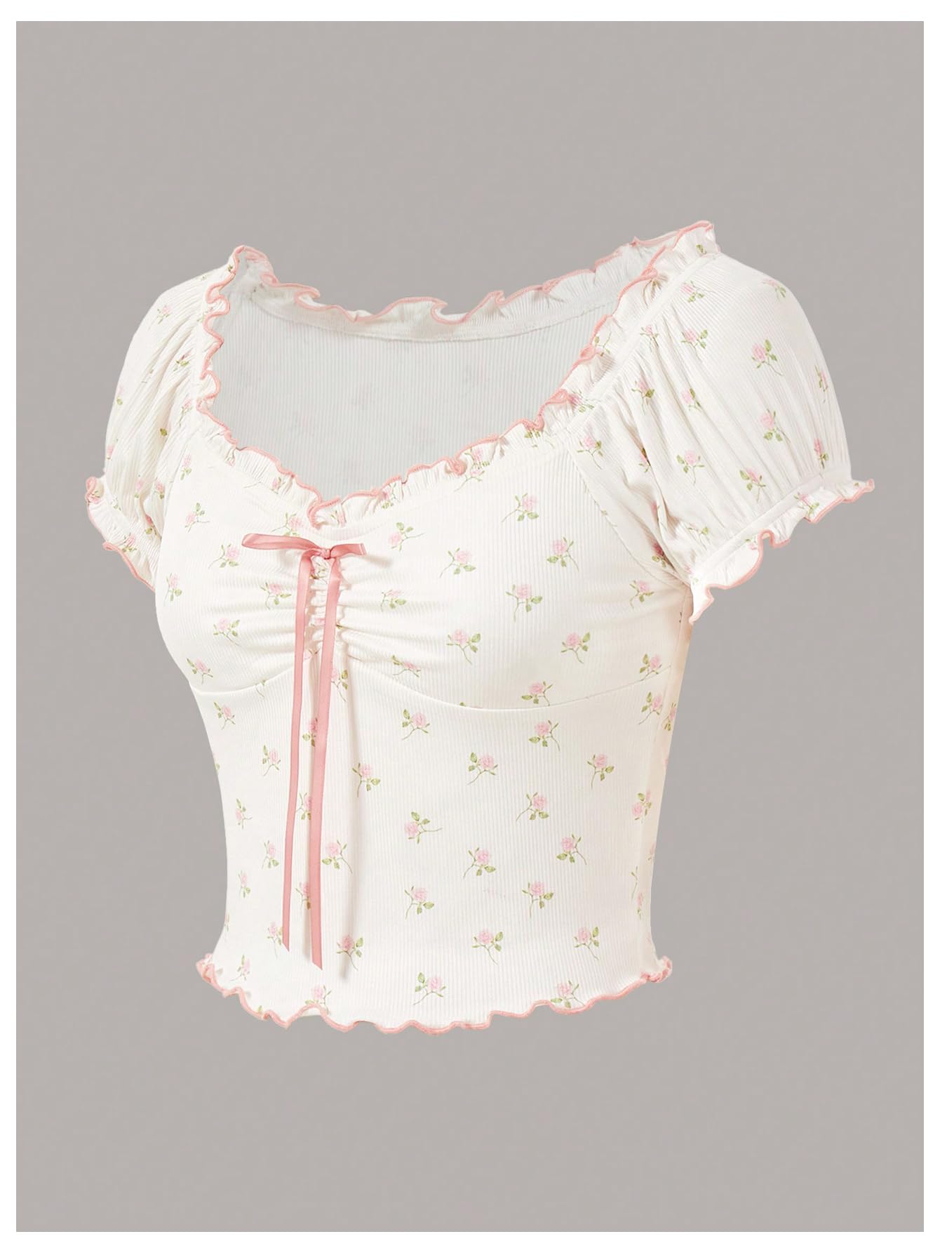 Women's Floral Puff Short Sleeve Sweetheart Neck Frilly Coquette Crop Top Tee