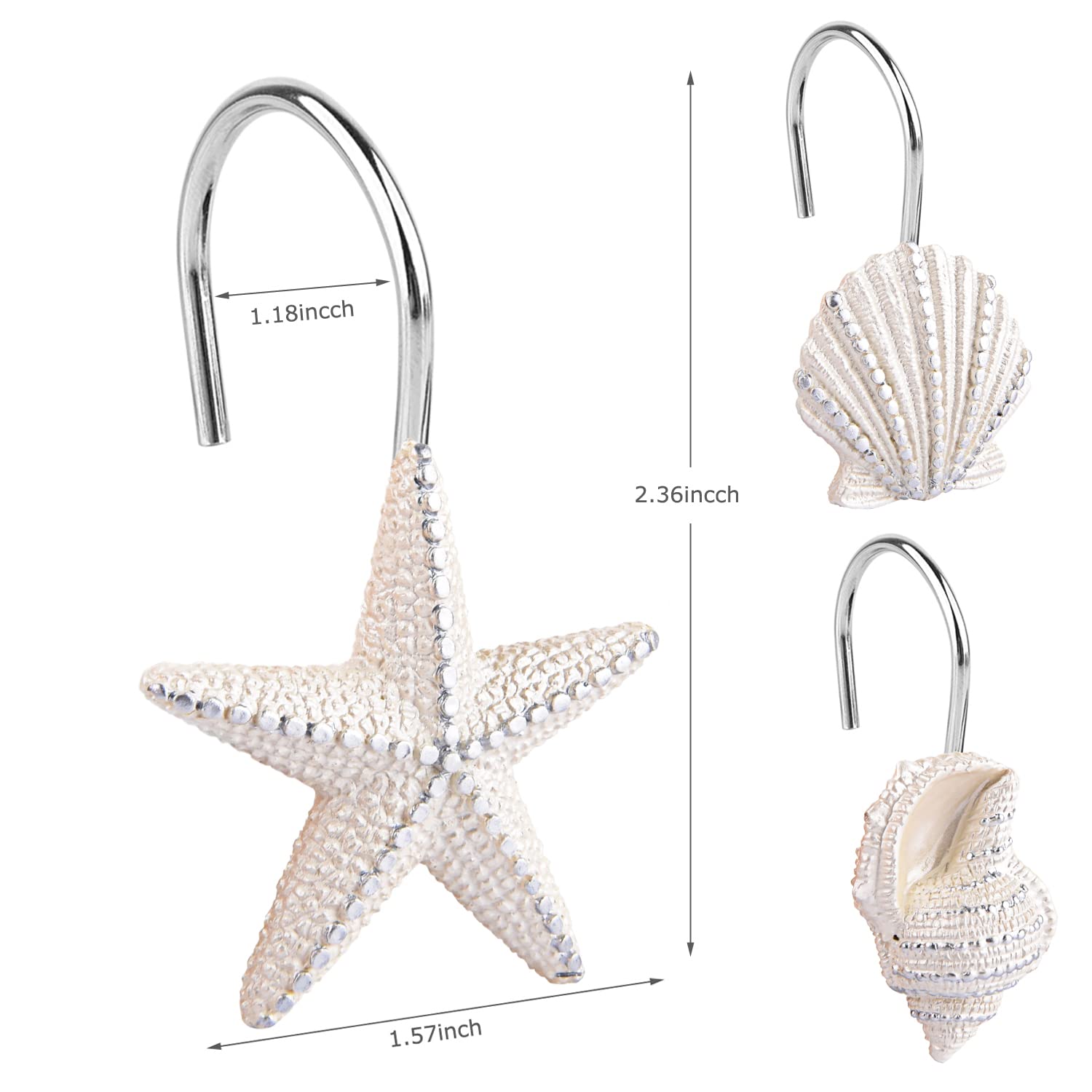 Seashell Shower Curtain Hooks, 12PCS Anti Rust Decorative Resin Hooks for Bathroom