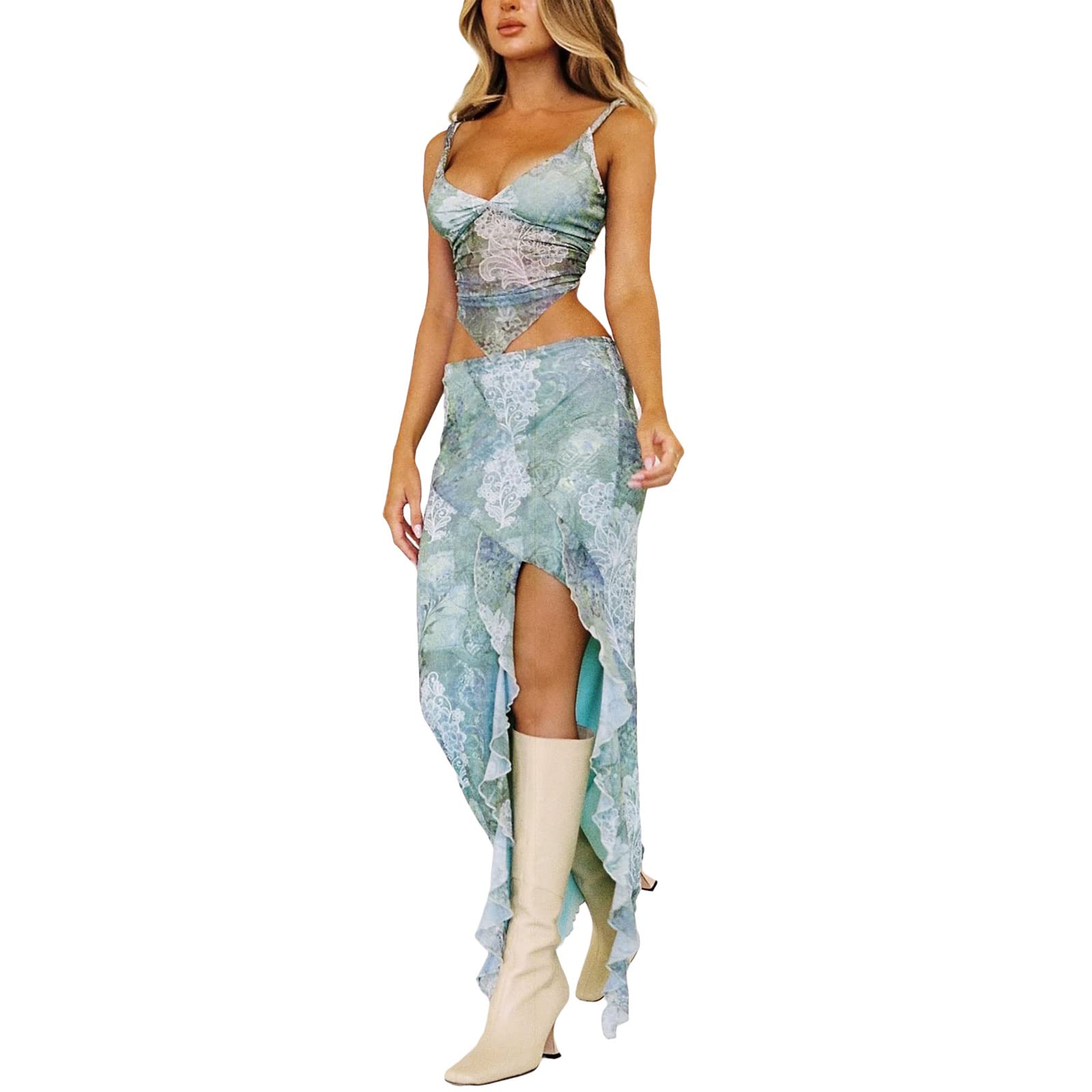 Women Sexy Y2K Maxi Skirt Set Strapless Bodycon Lace Tube Top See Through 2 Piece Outfits Summer Party Wear Dress