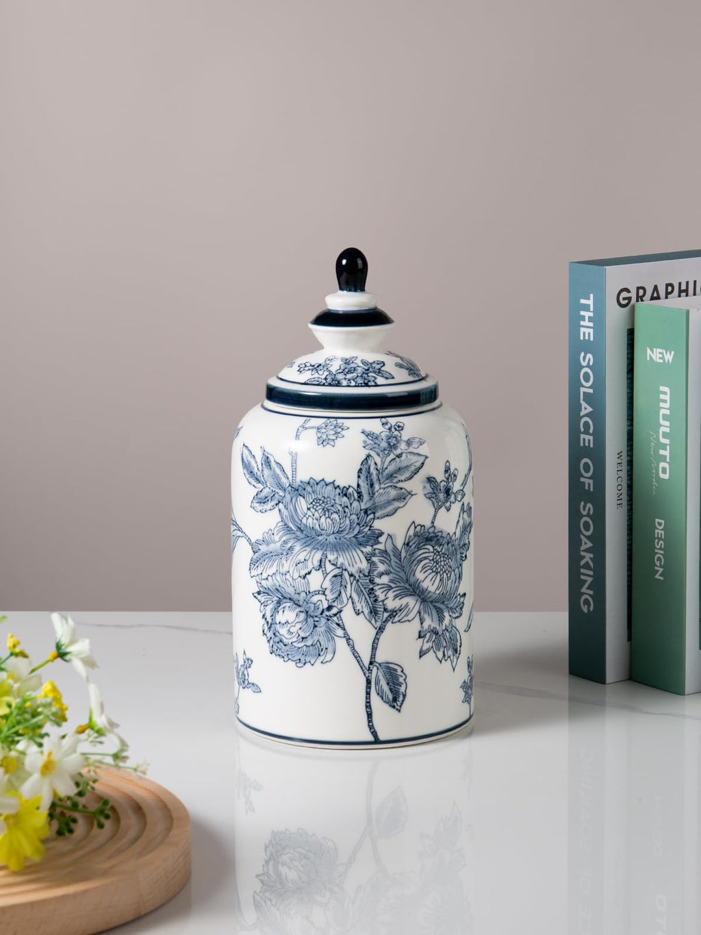 Chinoiserie Blue and White Jar Vase Decor, Ceramic Decorative Jars with Lid, 12x6 Inch, Flowers and Branches