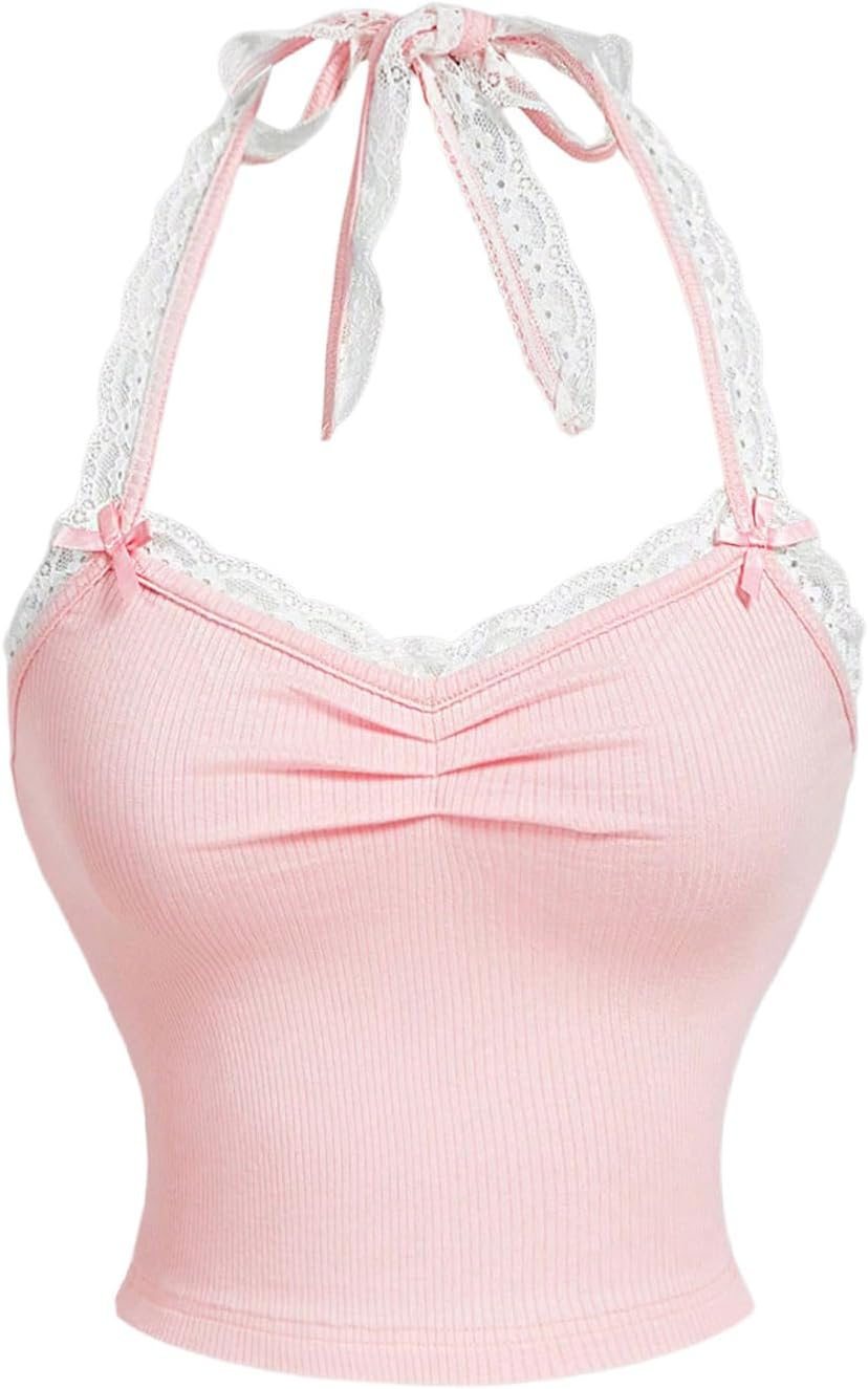 Women's Lace Trim Backless Halter Top Y2k Bow Knot Ruched Sleeveless Crop Tops