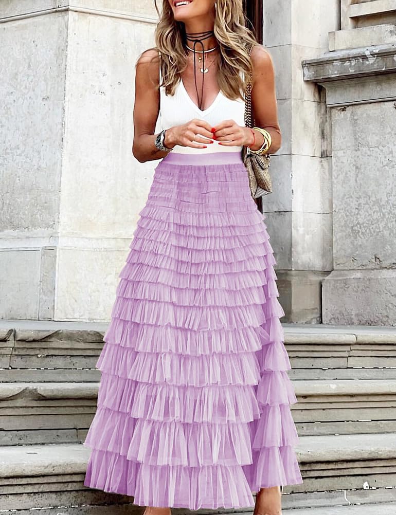 Long Tulle Skirt for Women Trendy High Waisted A Line Fluffy Fairy Mesh Layered Ruffle Skirt