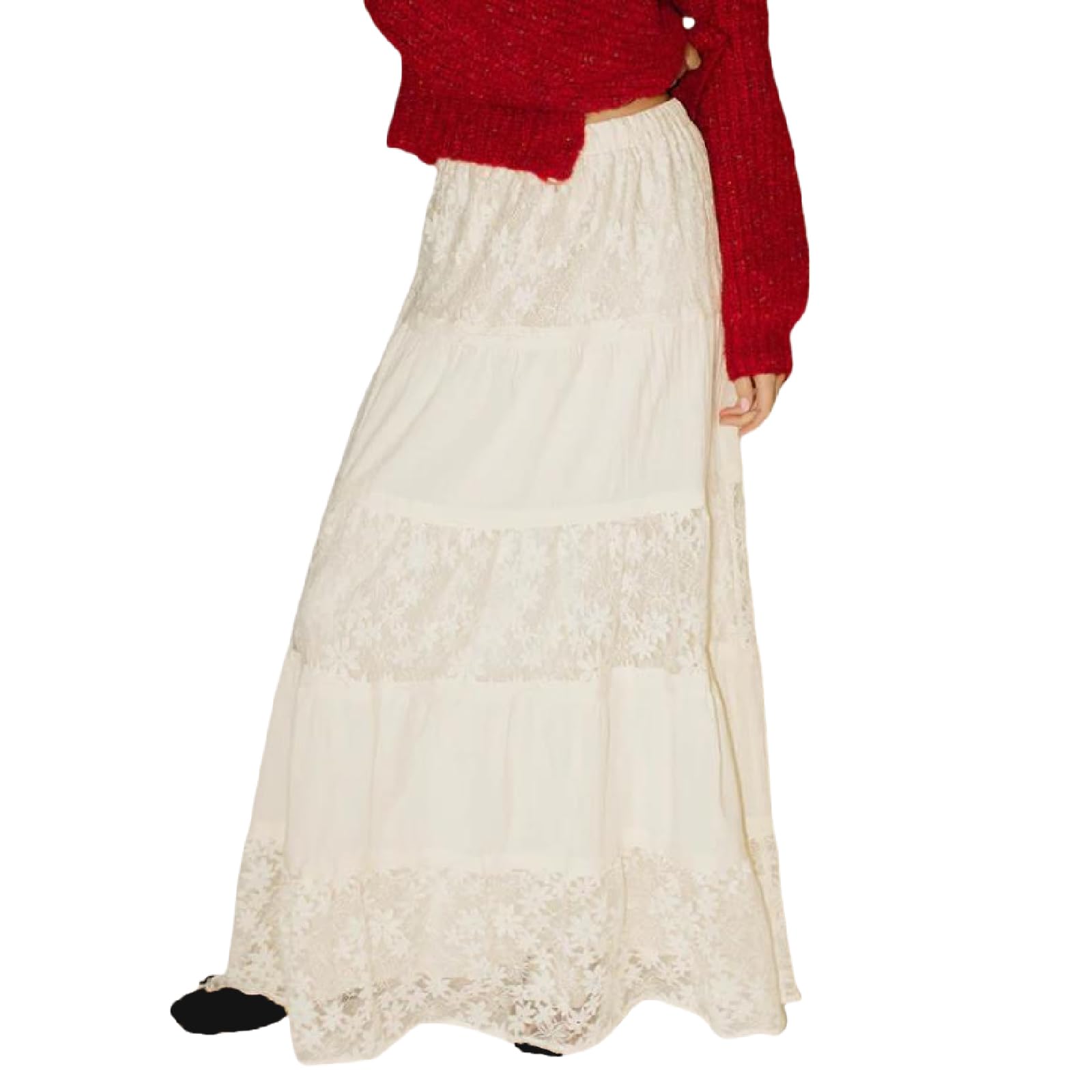 Lace Maxi Skirt High Waist Ruffle A-Line Flare Long Skirt