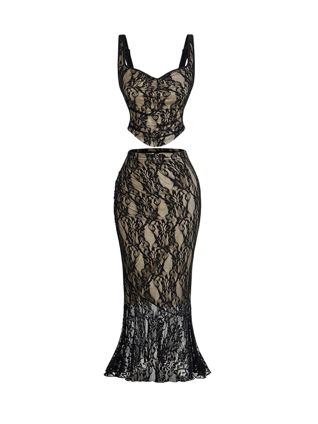 Women's Coquette Floral Lace Skirt Set 2 Piece Sleeveless Top and Bodycon Fishtail Skirt