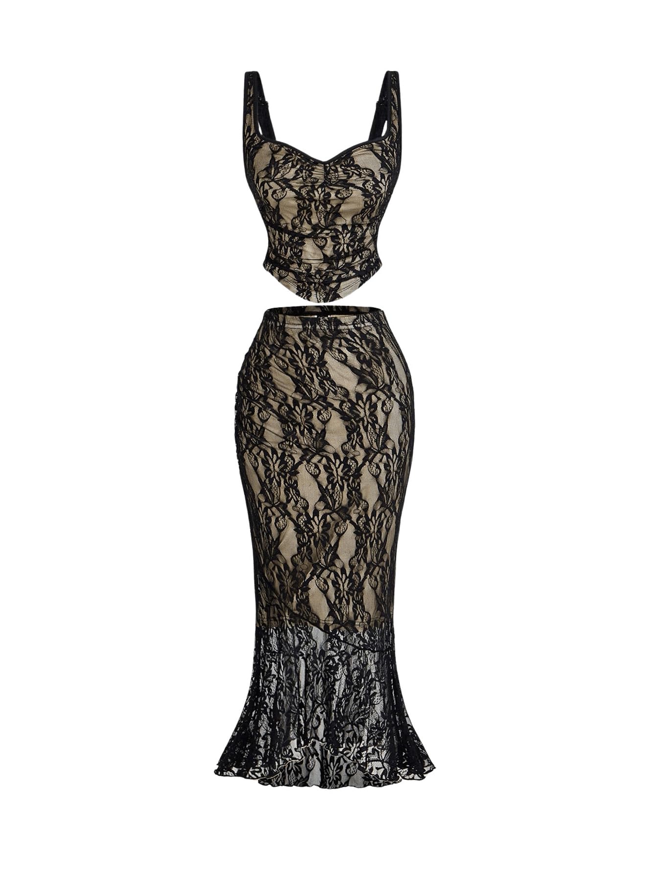 Women's Coquette Floral Lace Skirt Set 2 Piece Sleeveless Top and Bodycon Fishtail Skirt