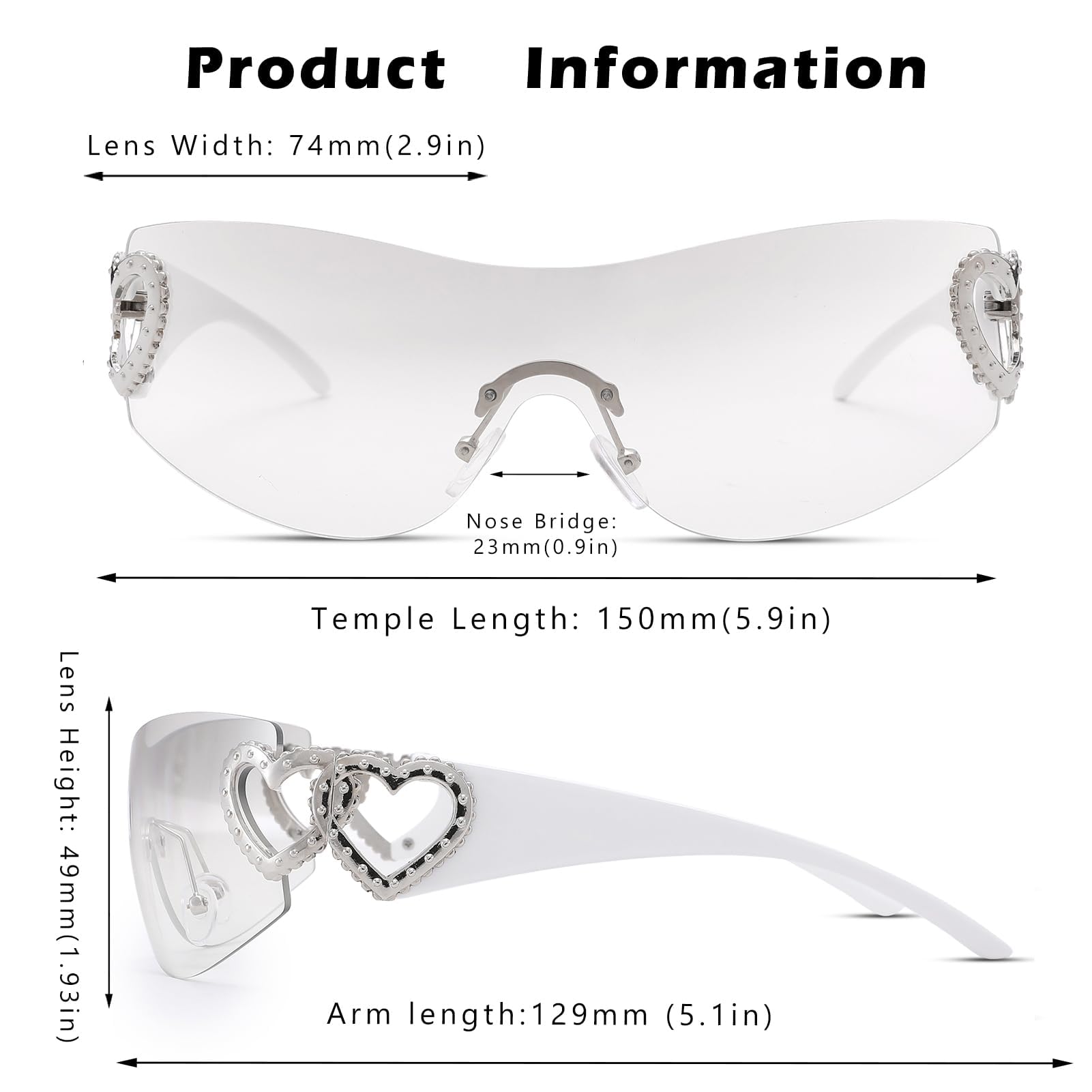 Wrap Around Heart Rhinestones Rimless Sunglasses Women Men, Oversized Fashion Futuristic Sun Glasses Cool Shade 2000S Trendy