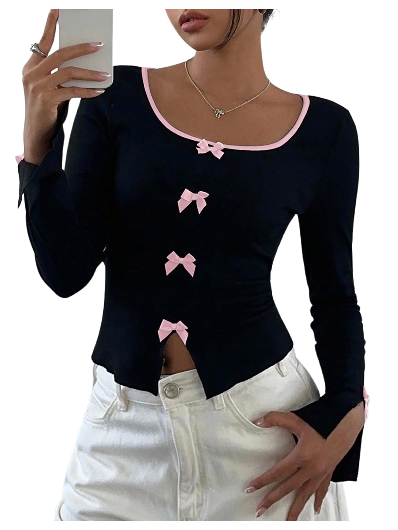 Women's Color Block Bow Decor Open Slit Long Sleeve T Shirts