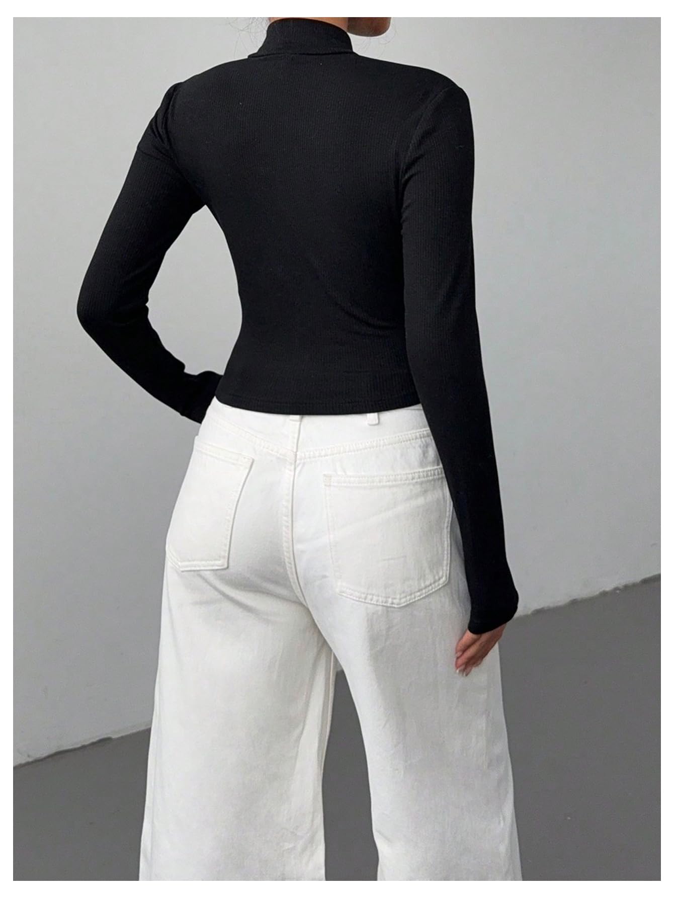 Women's Metallic 3D Floral Cut Out Tee Shirt Long Sleeve Mock Neck Crop Top