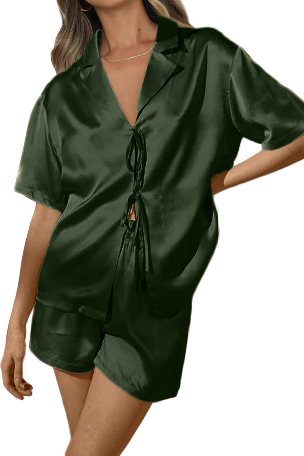 Women's Silk Satin Pajamas Sets Tie Front Short Sleeve Tops and Shorts Two Piece Pj Sets Sleepwear