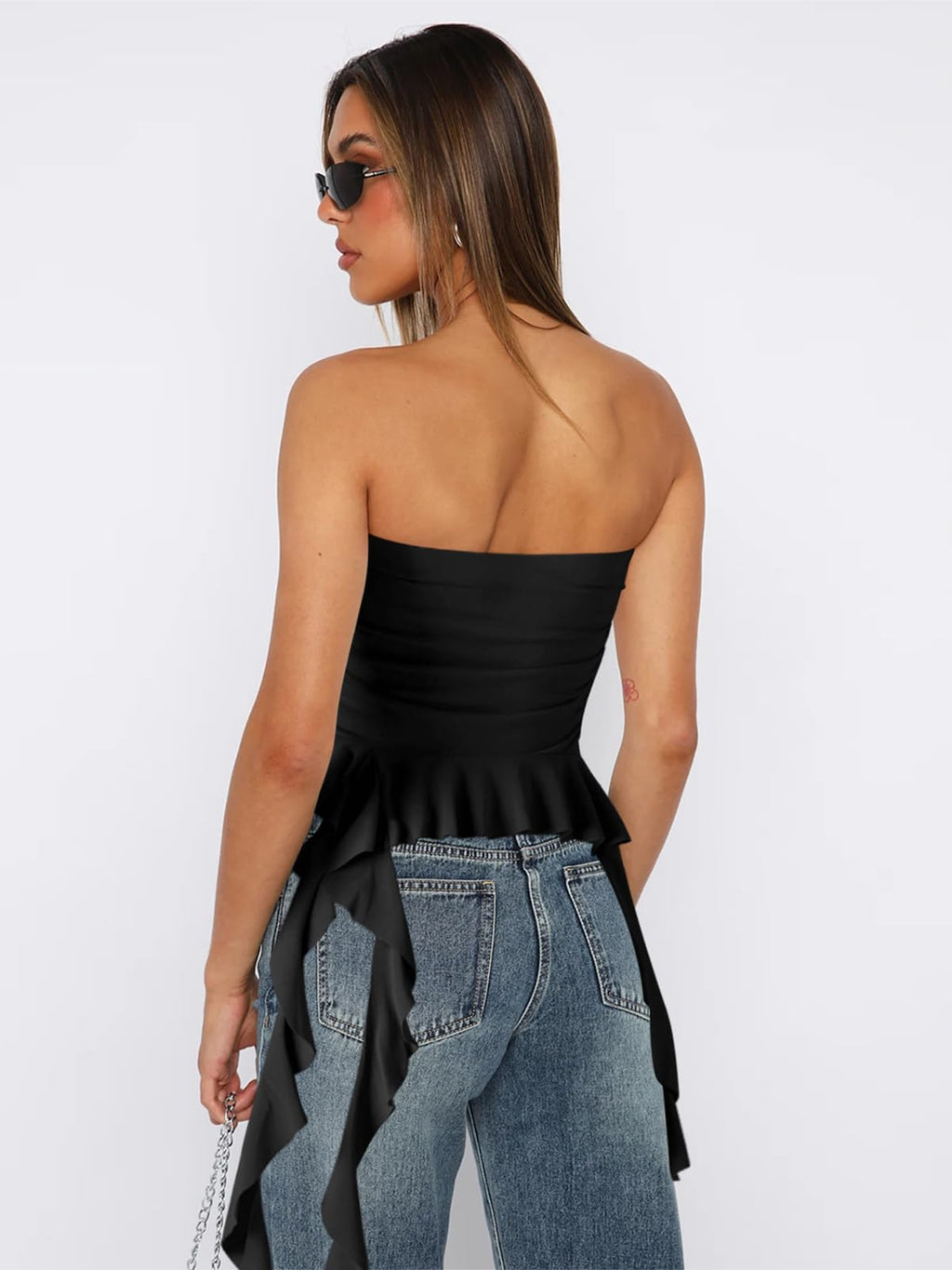 Women Strapless Tops Ruffled Asymmetrical Hem Tube Tops Ruched Bandeau Cami Tanks