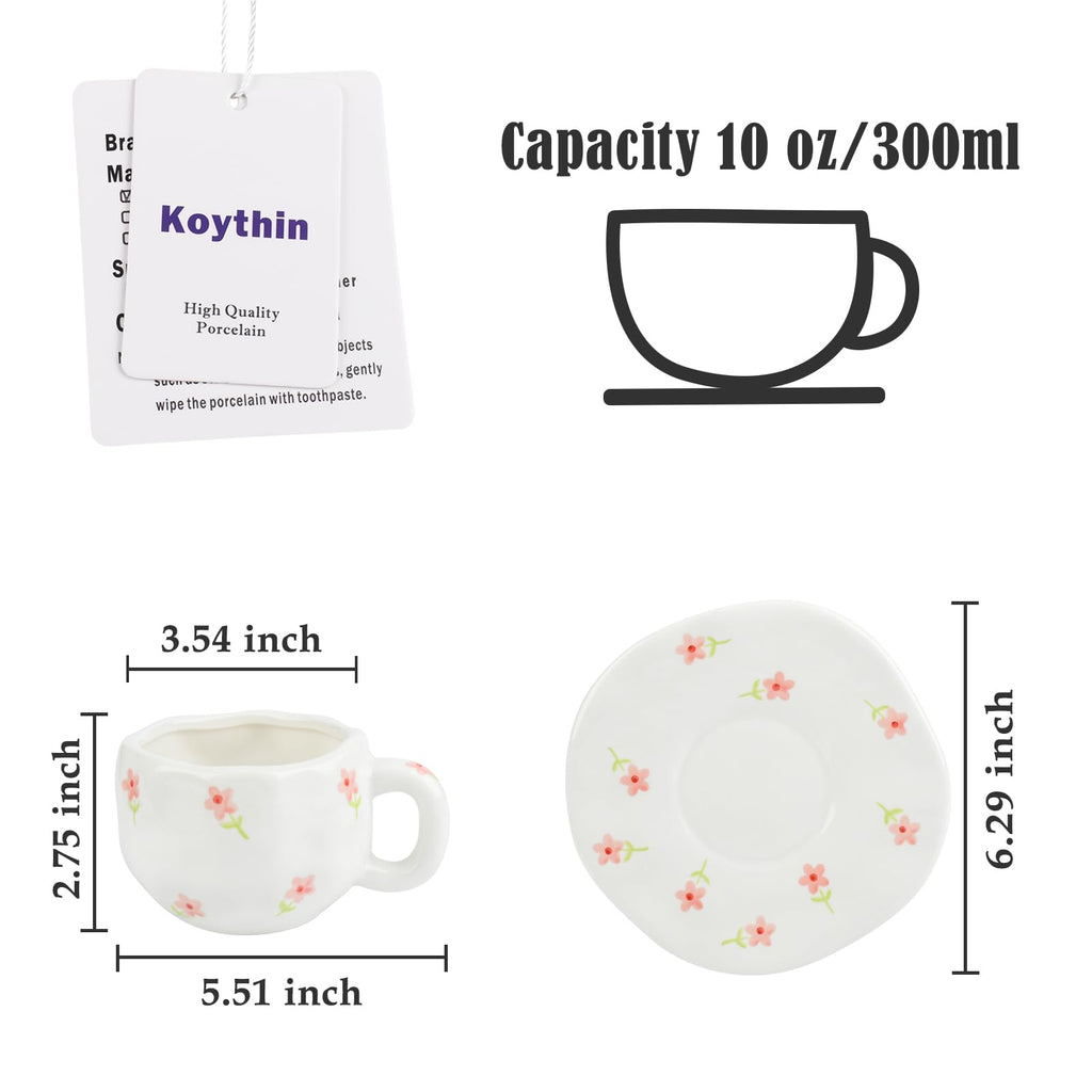 Ceramic Coffee Mug with Saucer Set, Cute Creative Cup Unique Irregular Design, 10 oz/300 ml