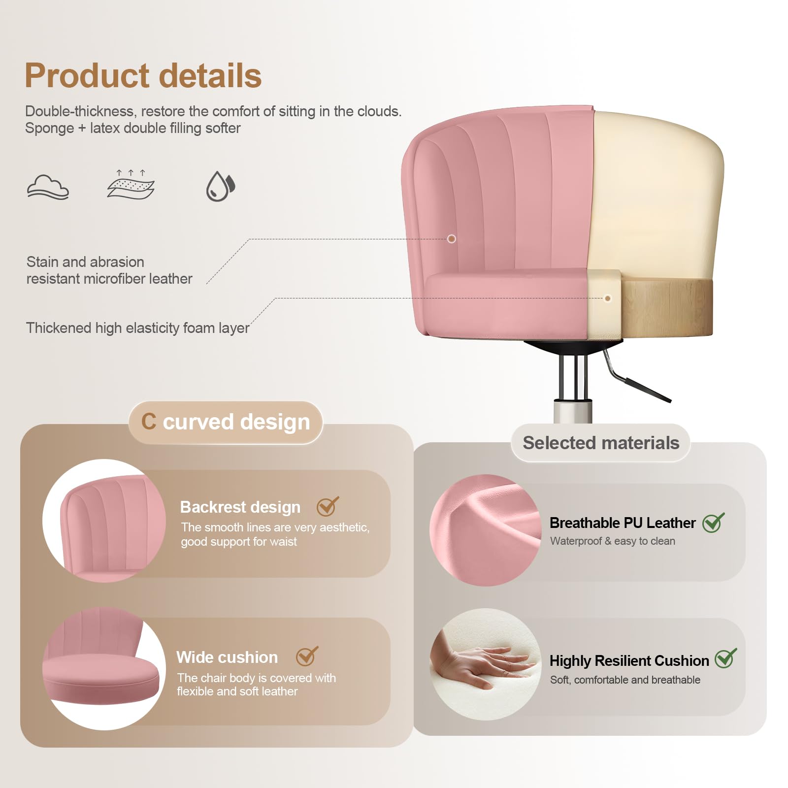 Small Desk Chair Round Rolling Chair with Back PU Leather Height Adjustable Swivel Vanity Work Computer Stool Chair