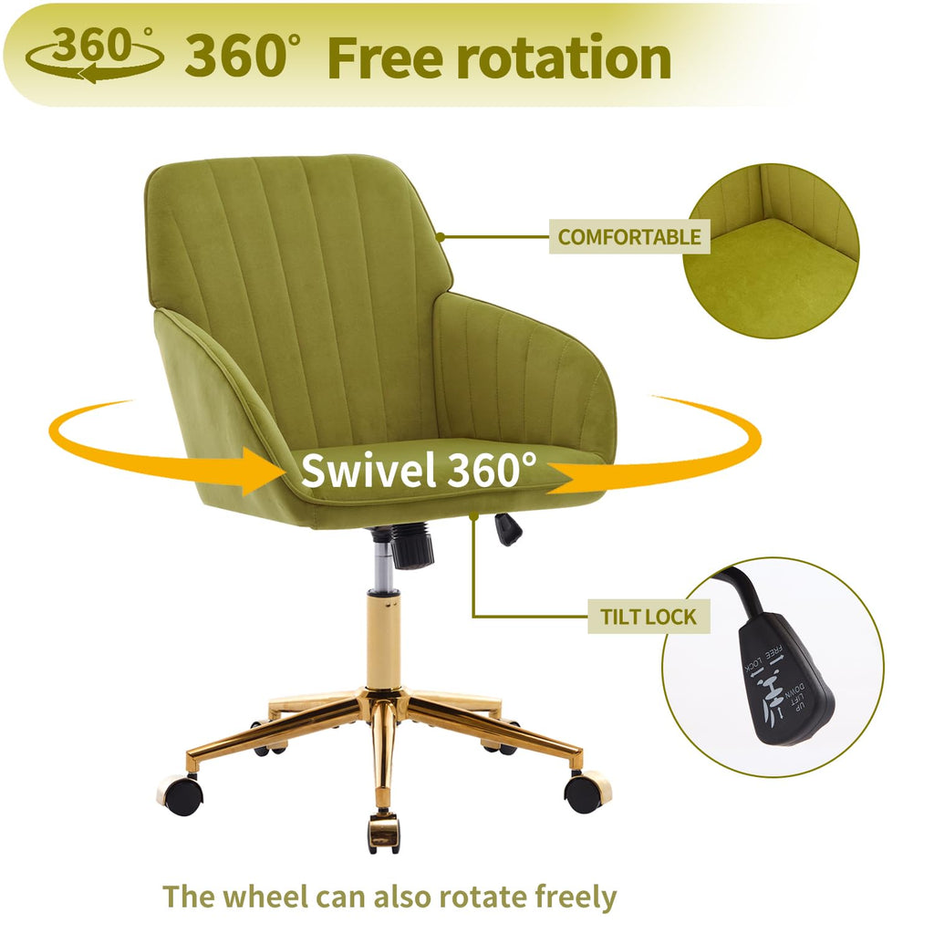 Modern Vanity Velvet Adjustable Low Back Rolling Chair, Twill Upholstered Cute Chair with Wheels