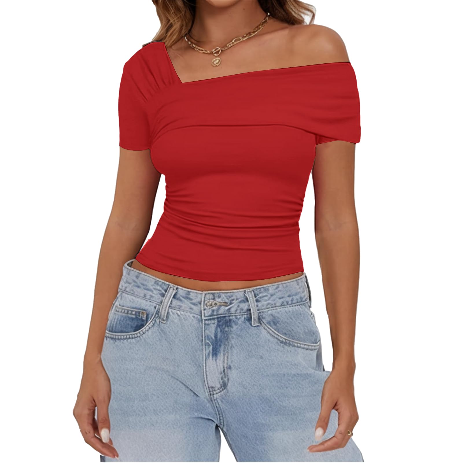 Women's One Off The Shoulder Top - Short Sleeve Ruched Going Out Crop Top Slim Fit Y2K T Shirt