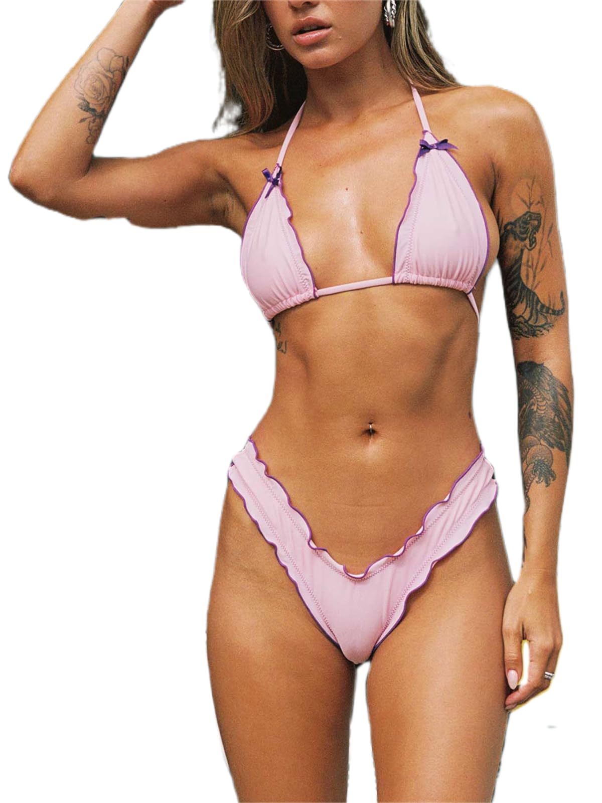 Women Y2k Bikinis Sets Coquette Aesthetic Bows Halter Tie Up Bikini Top High Cut Elastic Waist Bikini Bottom