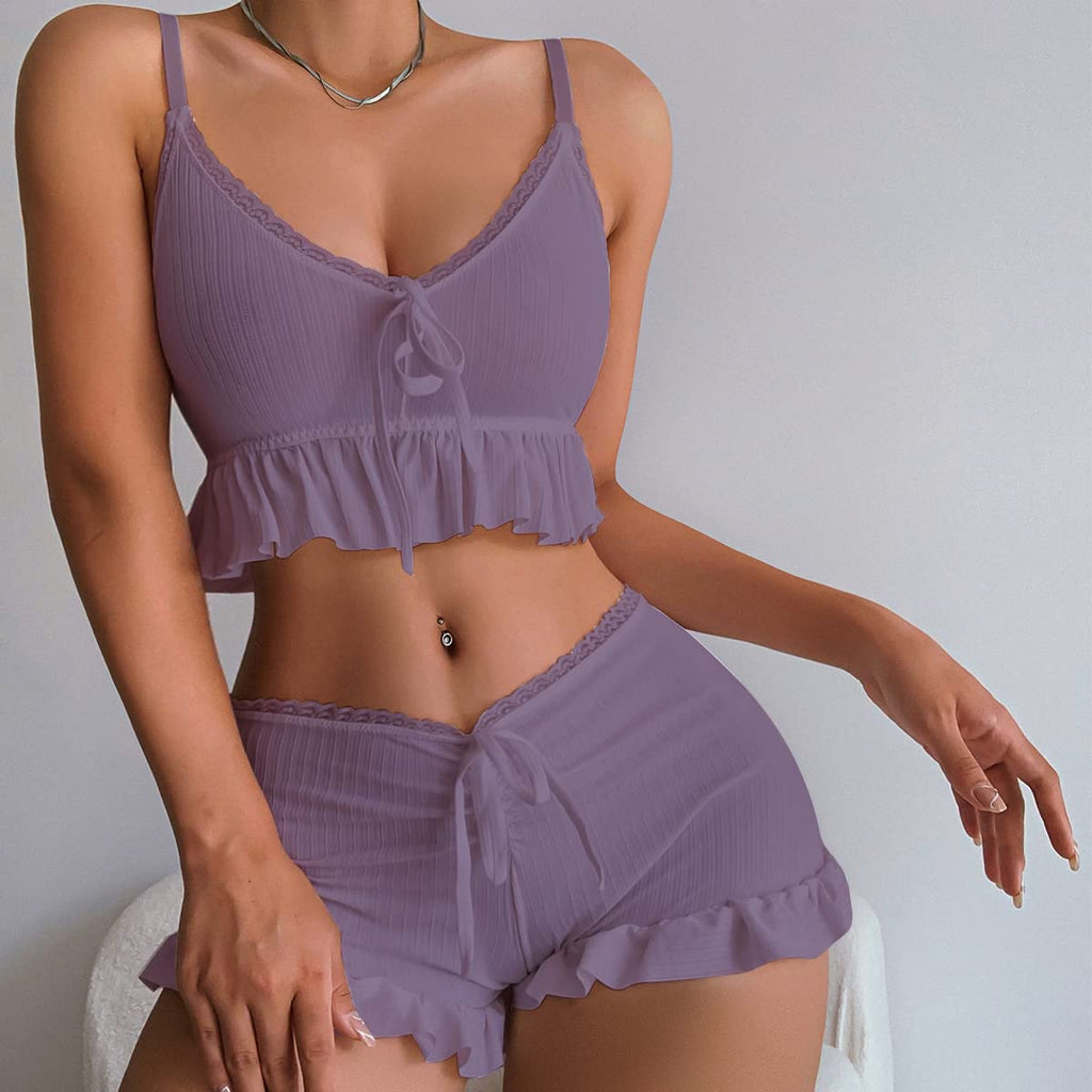 Women's 2 Piece Lingerie Set Pajama Sets Ruffle Trim Tie Front Cami Top and Shorts Sleepwear