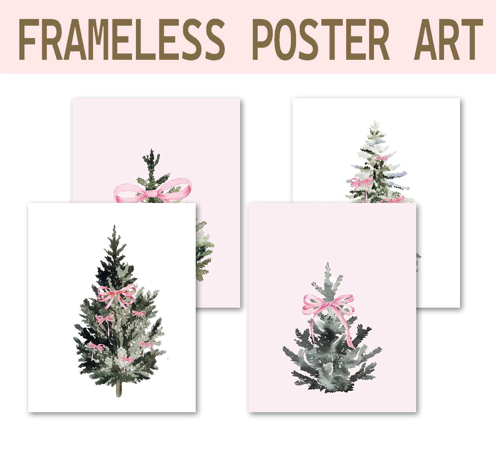 Pink Wall Art Bow Themed Party Decorations 8x10, Pink and White Room Decor, Set of 4