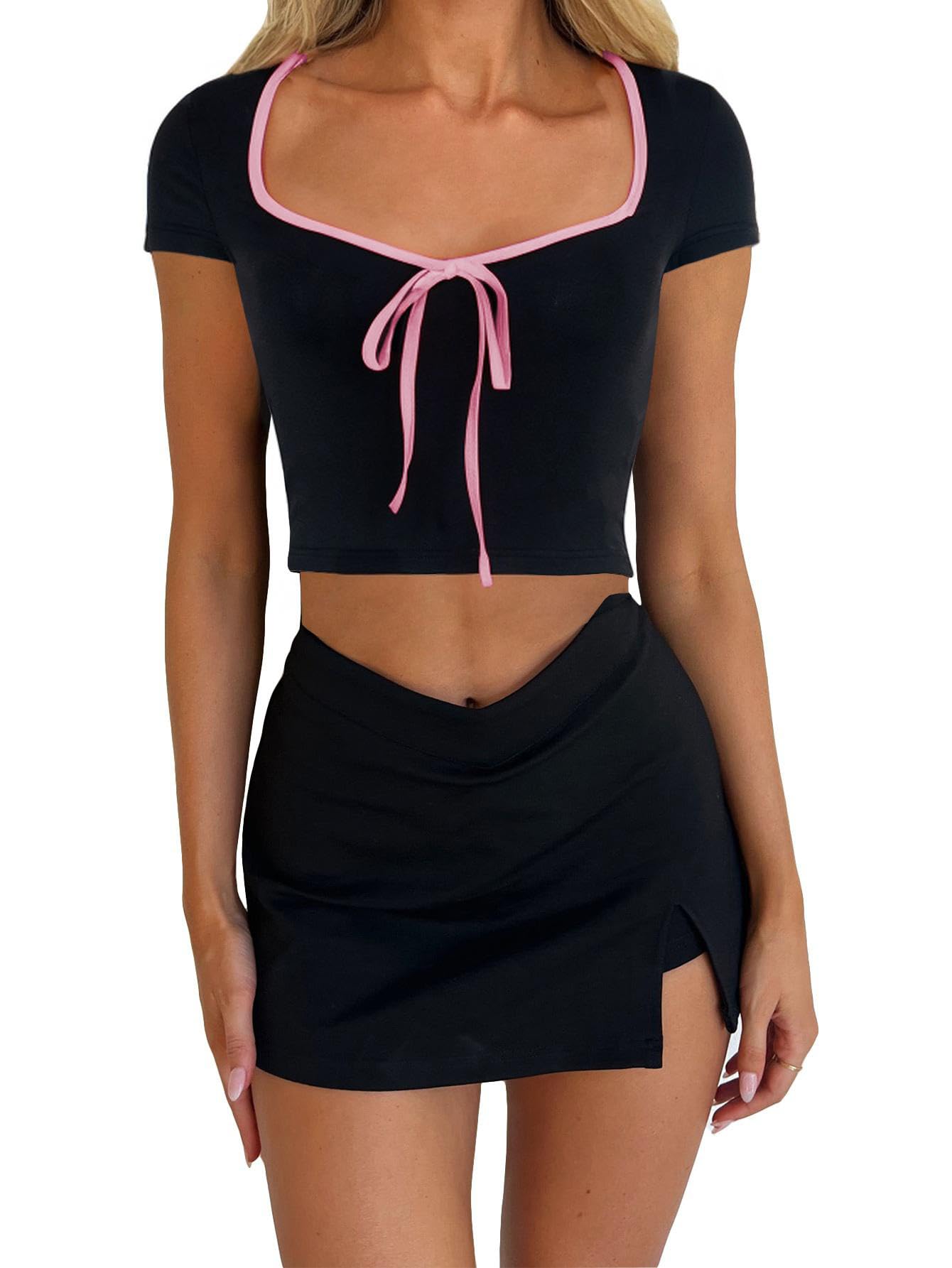 Womens Summer Short Sleeve Bow Square Neck Baby Tees Color Block Basic Crop Tops