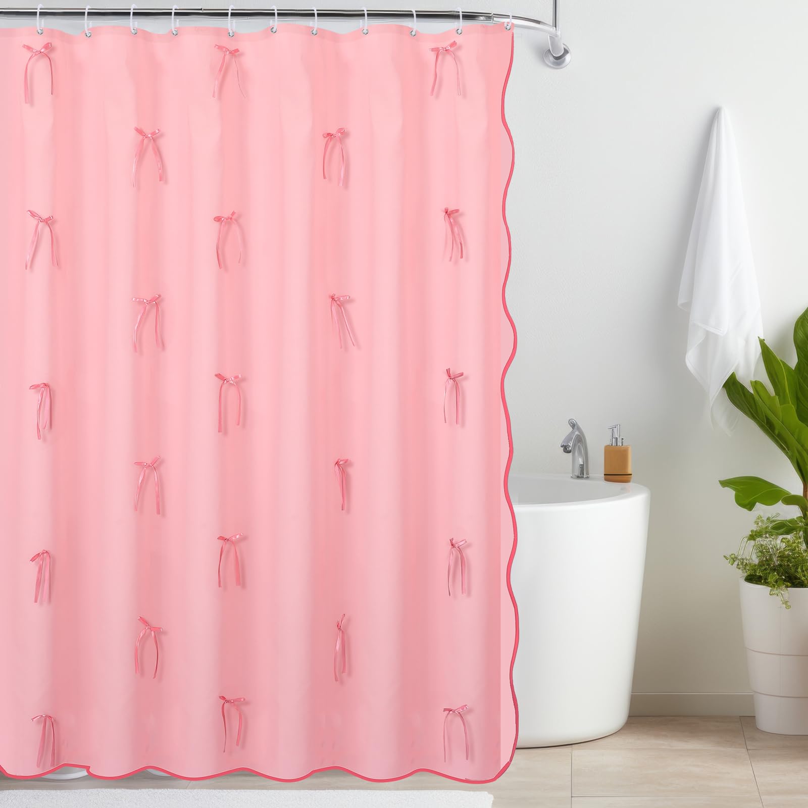 Cute Scalloped Bath Bow Shower Curtain with 12 Hooks Bowknot Waterproof Aesthetic Bathroom Decor for Women Girls Accessory, 72 Inches