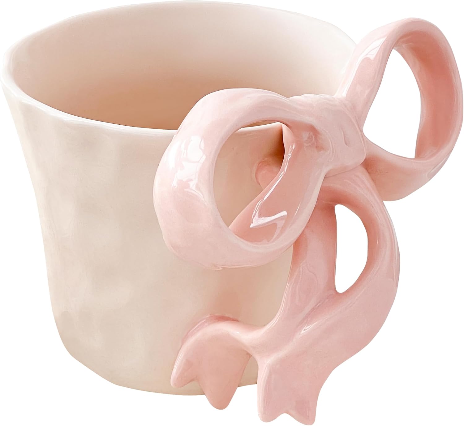 Ceramic Mug with Pink Bow Handle - Cute Girly Cup for 14oz/440ml, Handmade Kawaii Mug