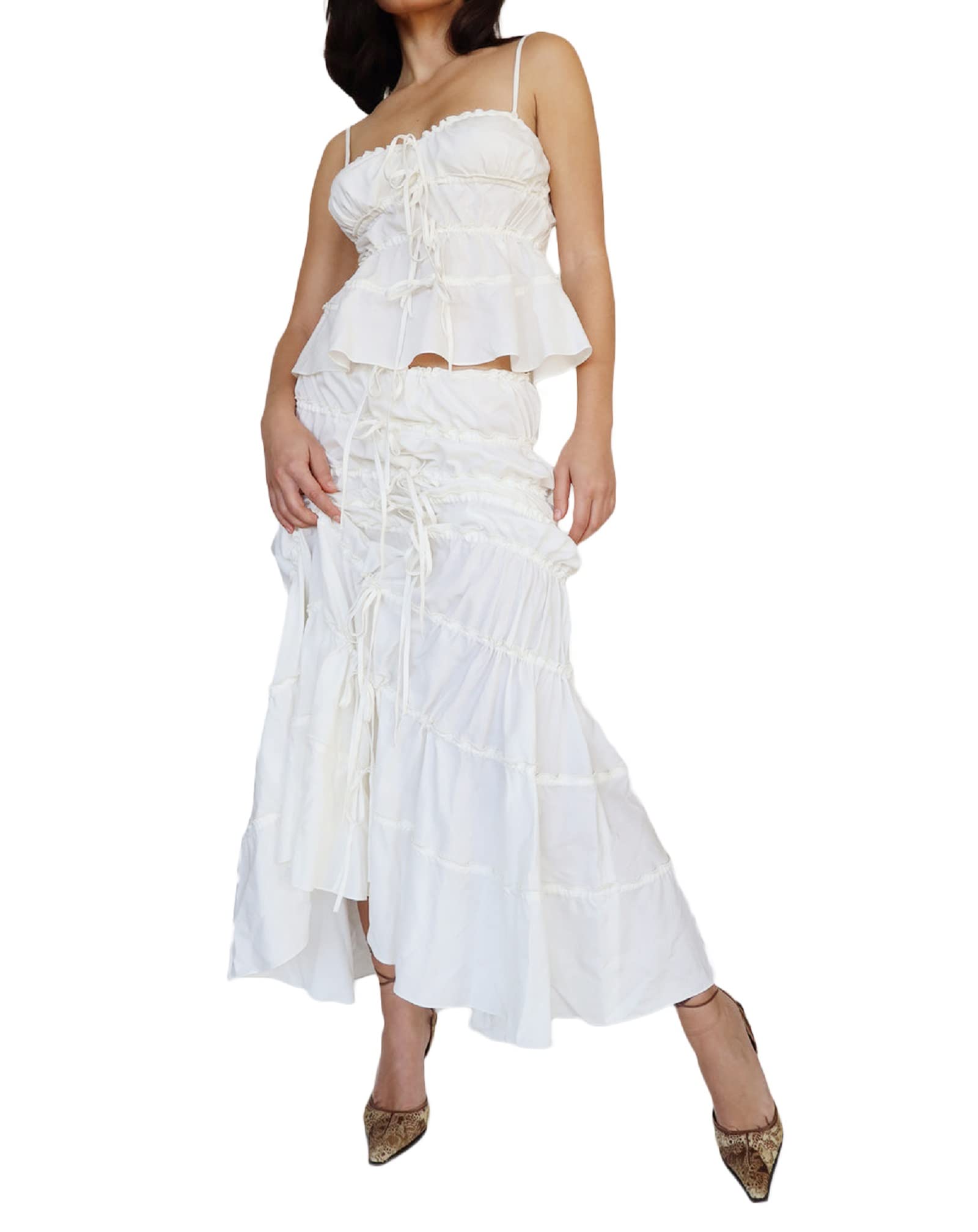 Women Y2K 2 Piece Long Skirt Set V Neck Halter Crop Top Off Shoulder Slim Fit Tube Top Split Maxi Skirts Outfit