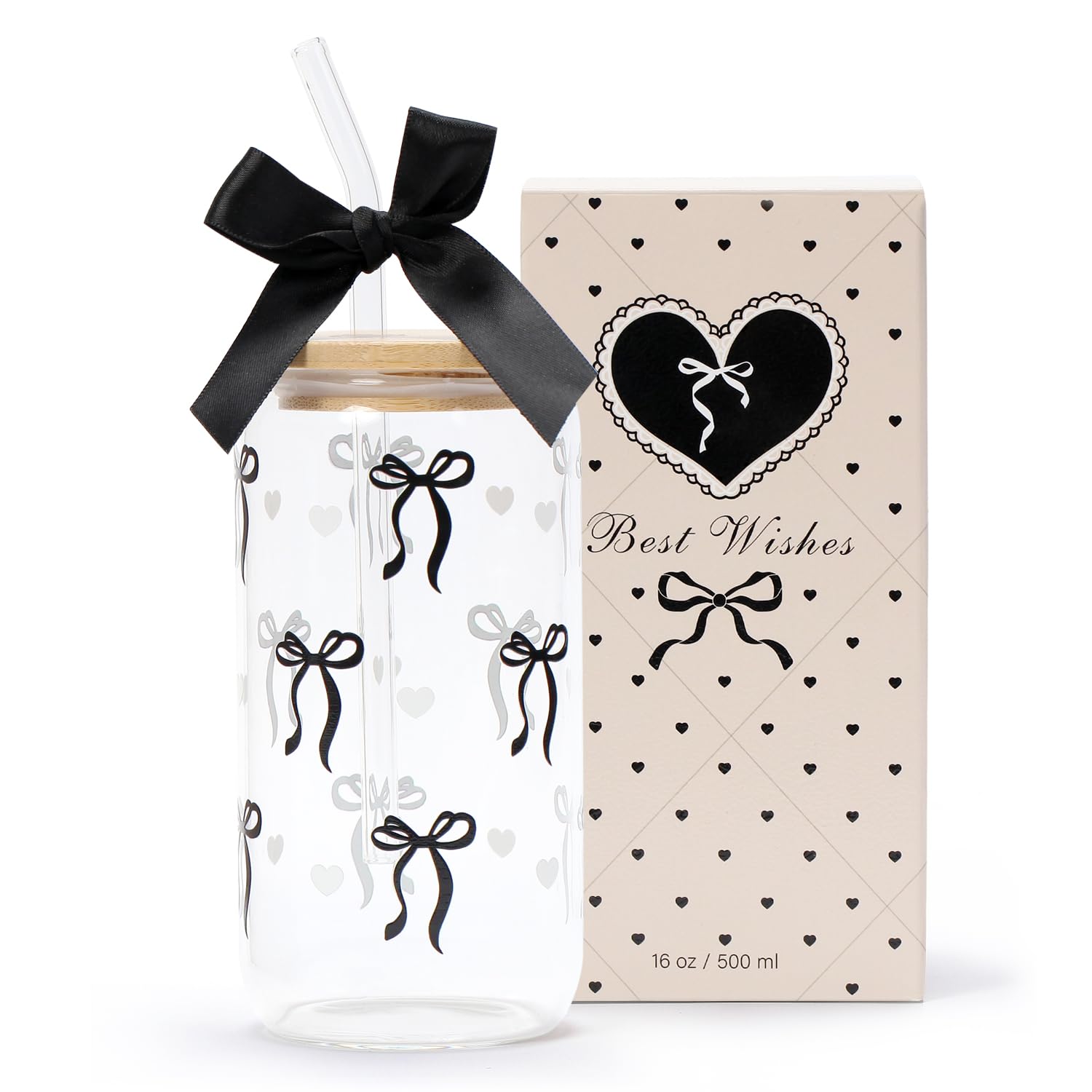 Coquette Black Bow Aesthetic Cup With Gift Box 16oz Glass Cup with Lids Straws and Black Bow Iced Coffee Smoothie Cute Tumbler with Cleaning Brush