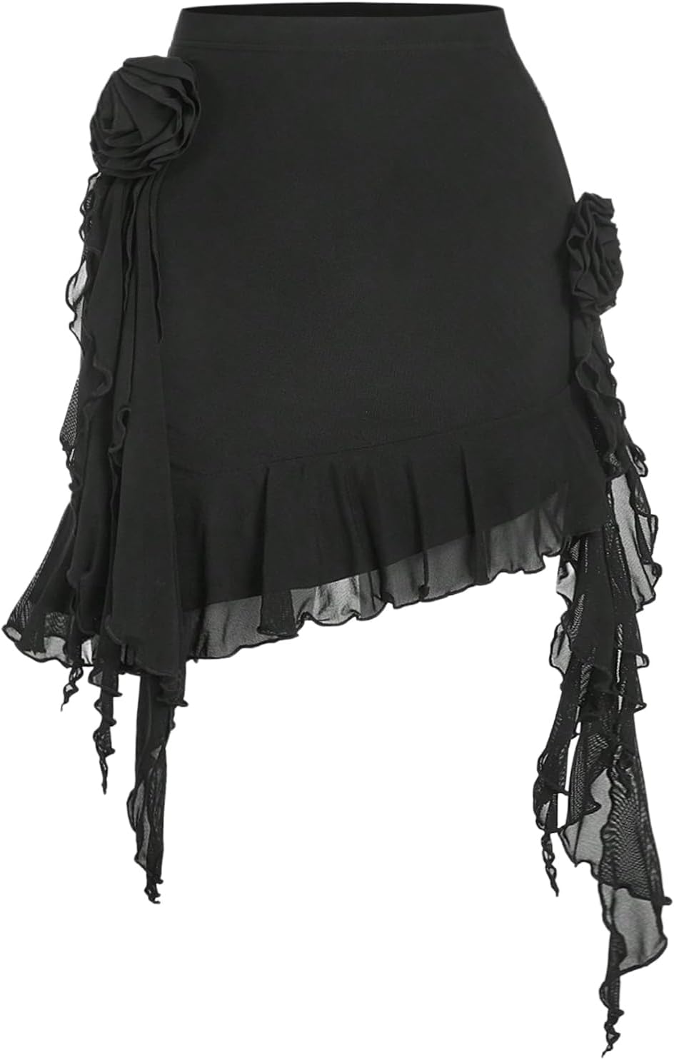 Women's 3D Floral Tiered Layer Mesh mini Skirt Coquette Ruffle Hem Bodycon Short Skirts