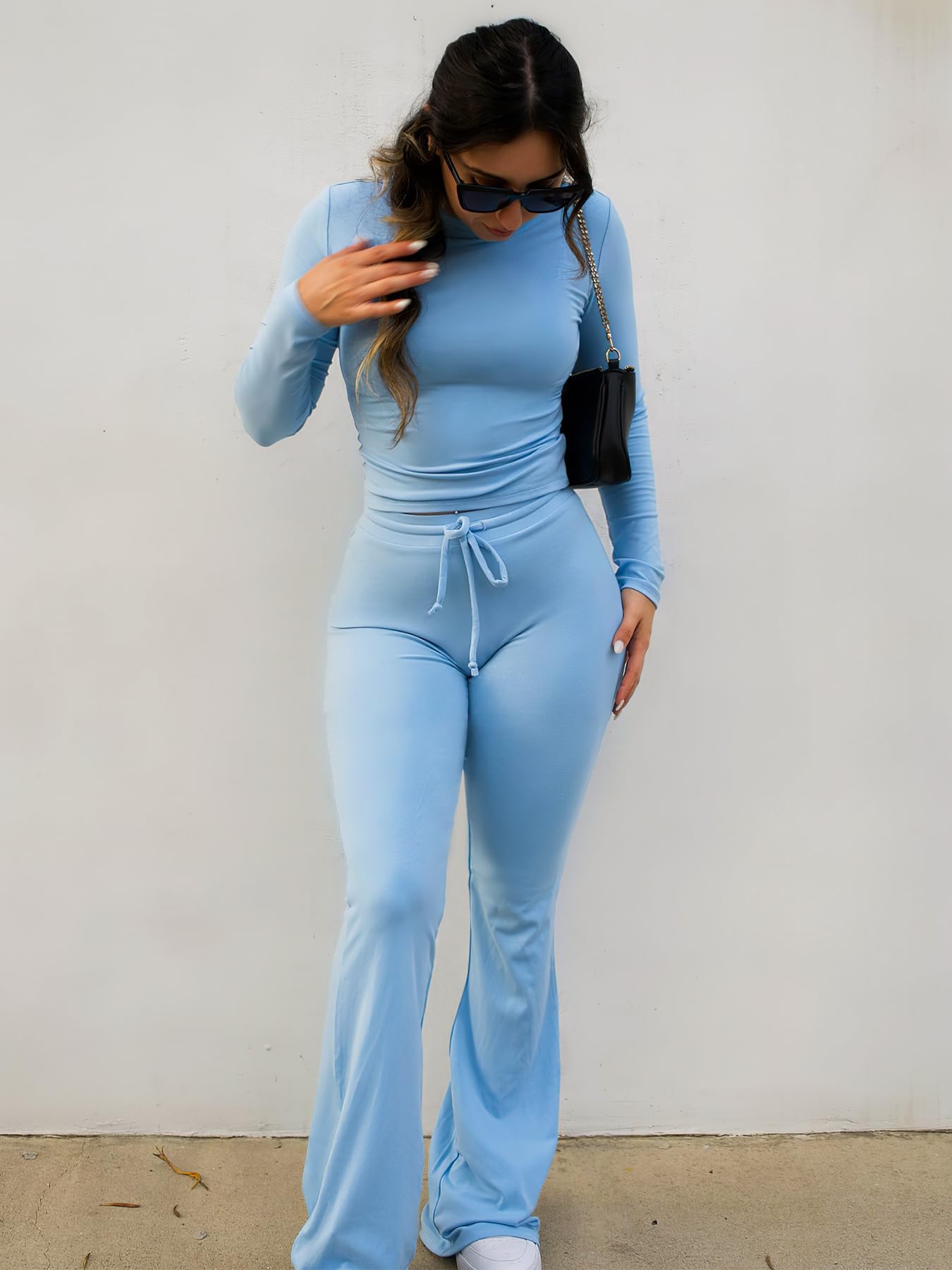 Two Piece Sets for Women Long Sleeve Tops Lounge Set Drawstring Wide Leg Pants Matching