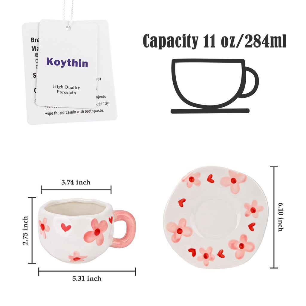 Ceramic Coffee Mug with Saucer Set, Cute Creative Cup Unique Irregular Design, 10 oz/300 ml