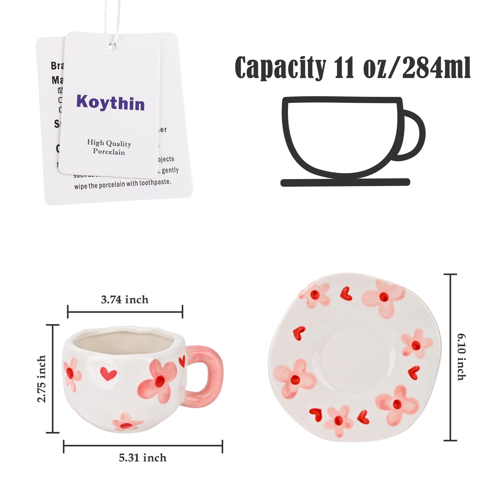Ceramic Coffee Mug with Saucer Set, Cute Creative Cup Unique Irregular Design, 10 oz/300 ml