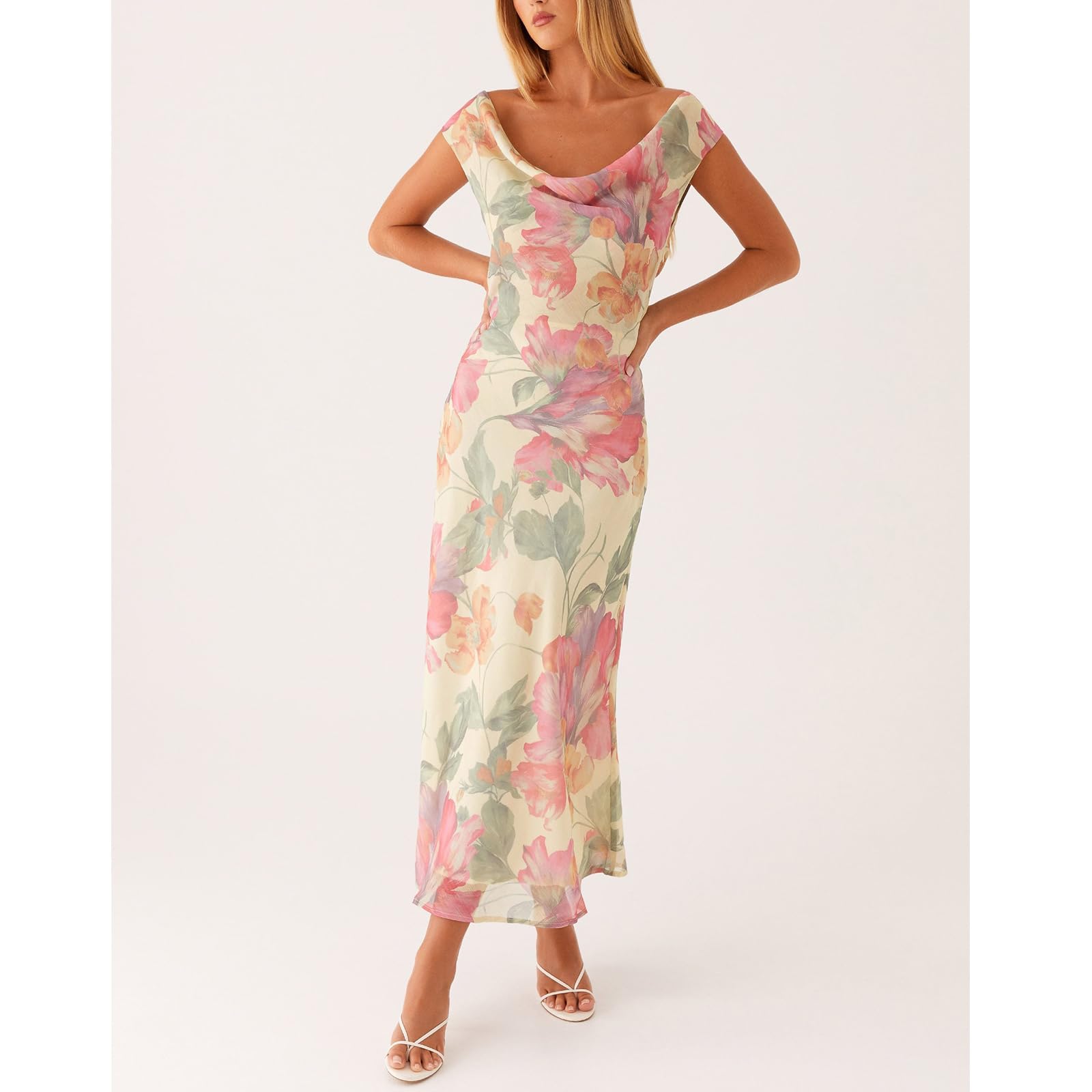 Women Floral Slip Dress Spaghetti Strap Maxi Dress Backless Slim Fit Long Dresses Flowers Print Going Out Dress