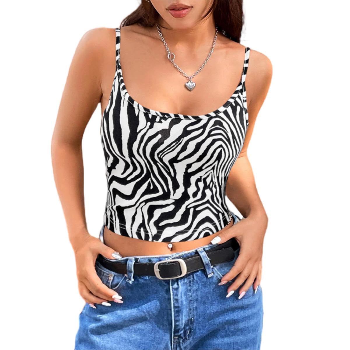 Women's Spaghetti Strap Cow Print Asymmetrical Hem Cami Crop Top