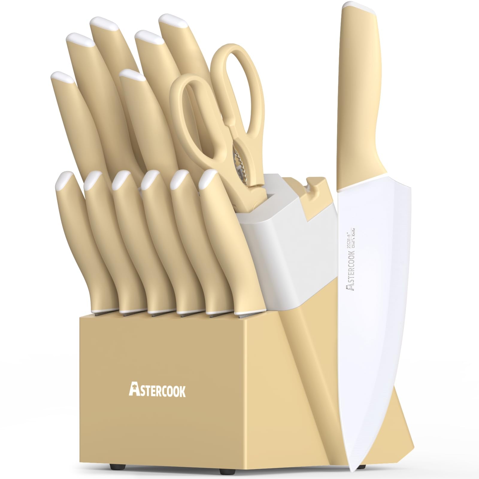 Colorful Kitchen Knives Set with Block and Sharpener Ceramic Coating 15 Pcs German Stainless Steel Knives Sharp Blade Dishwasher Safe Knife Block Set with Ergonomic Handle