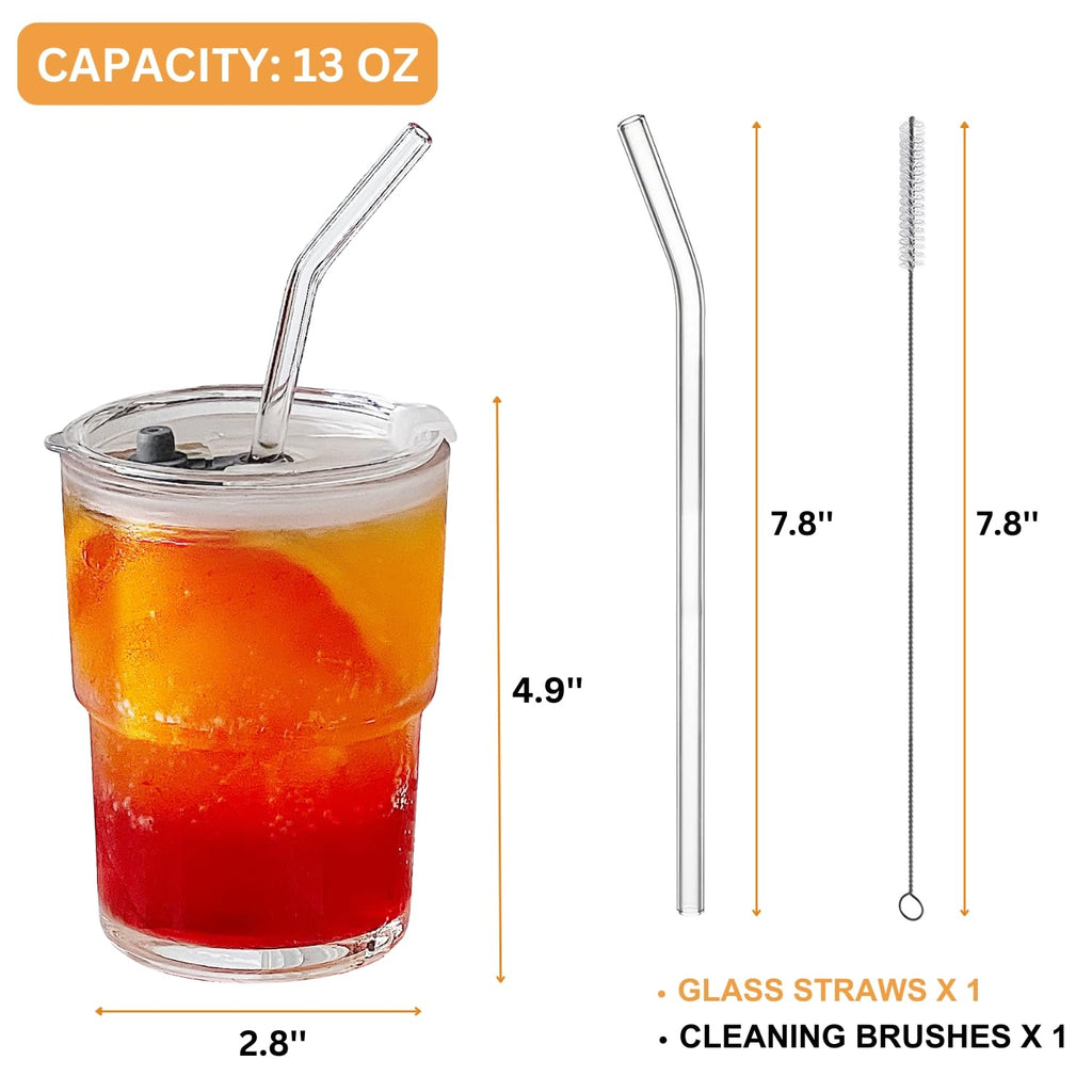 Glass Tumbler with Straw and Lid, Reusable Iced Coffee Cup Tumbler, Cute Glass Cups 13oz