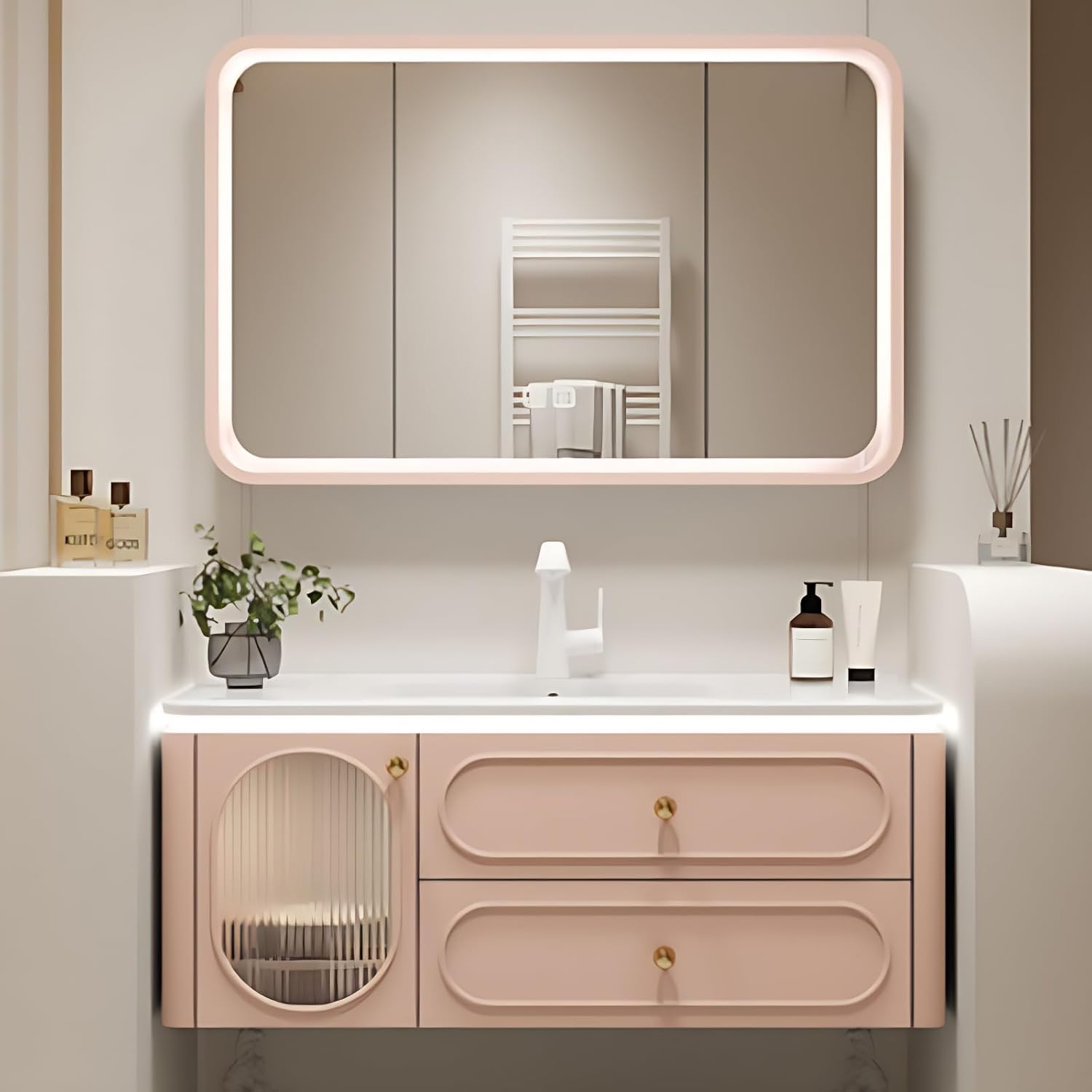 Wall-Mounted Bathroom Vanity Set - Included Single Sink, Contemporary Bathroom Vanity Featuring an Intelligent LED Defogging Mirror Cabinet & Ample Storage, Solid Wood Construction