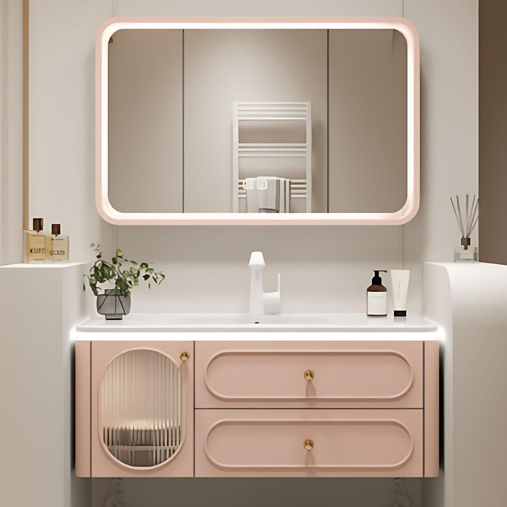 Wall-Mounted Bathroom Vanity Set - Included Single Sink, Contemporary Bathroom Vanity Featuring an Intelligent LED Defogging Mirror Cabinet & Ample Storage, Solid Wood Construction