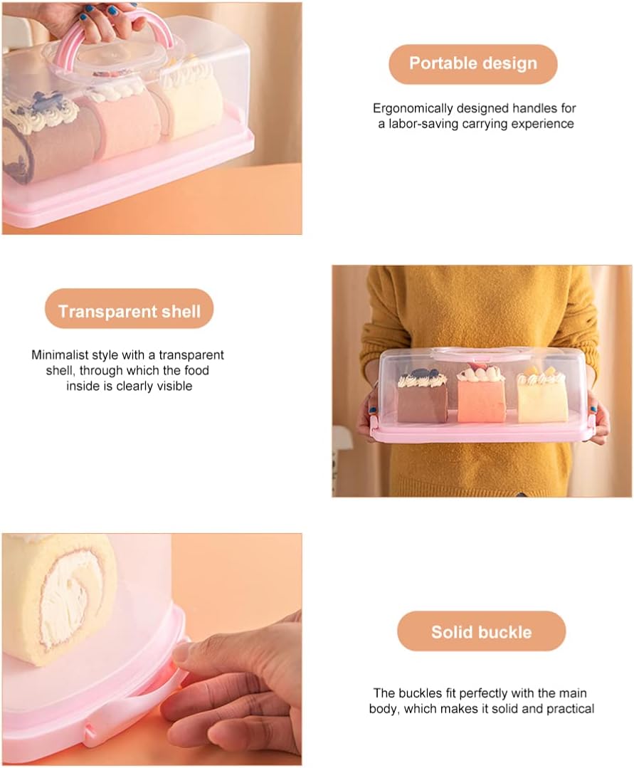 Pink Portable Transparent Cake Box with Handle Sealing Buckle Food Storage Case